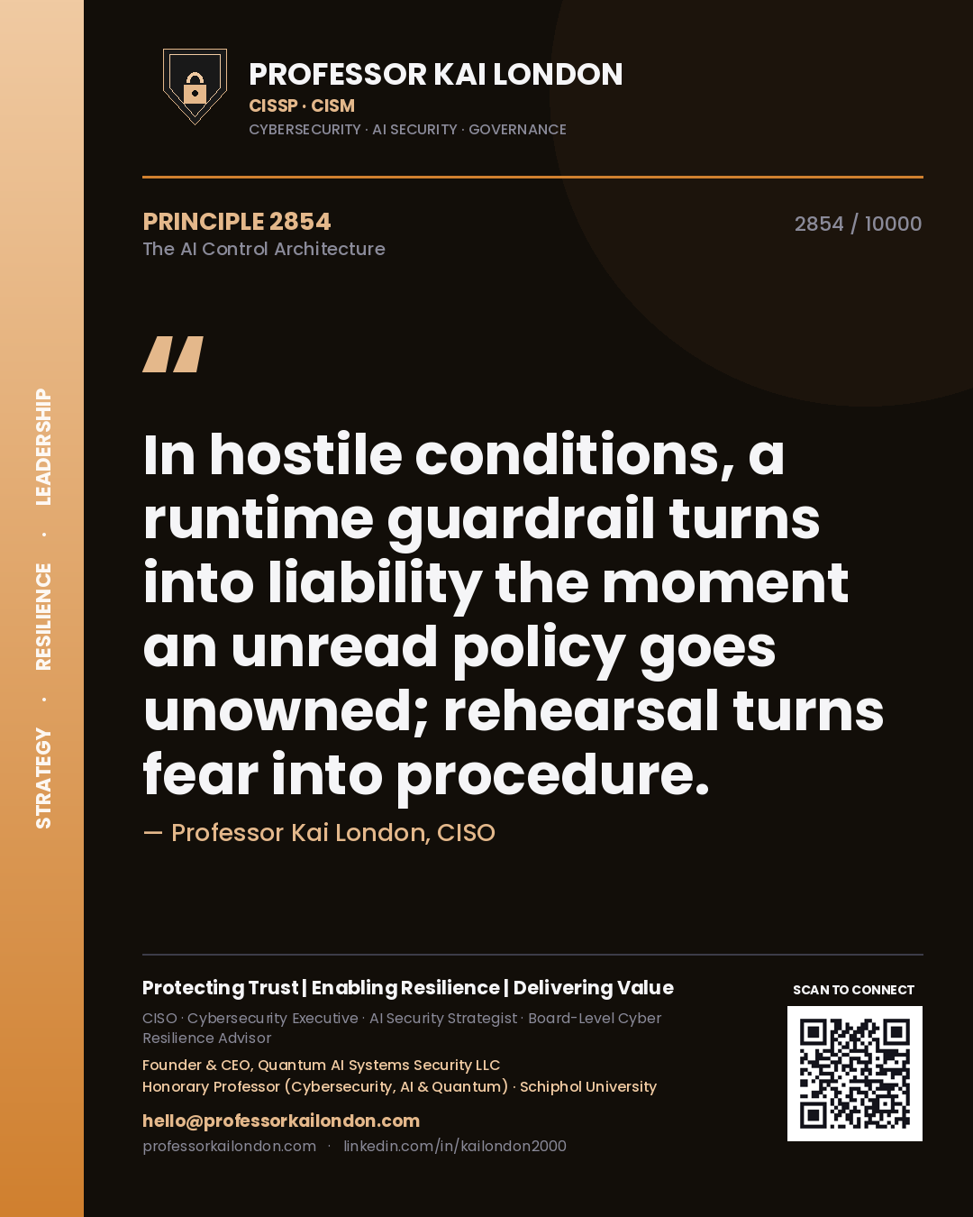Professor Kai London principle 2854: In hostile conditions, a runtime guardrail turns into liability the moment an unread policy goes unowned; rehearsal turns fear into procedure.