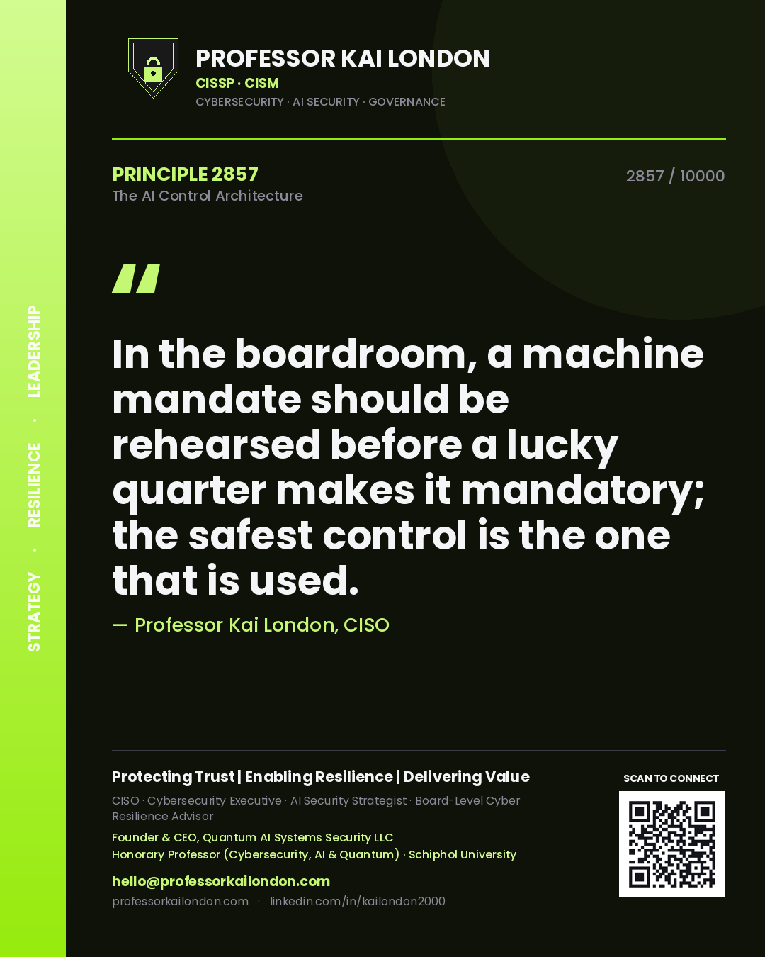 Professor Kai London principle 2857: In the boardroom, a machine mandate should be rehearsed before a lucky quarter makes it mandatory; the safest control is the one that is used.