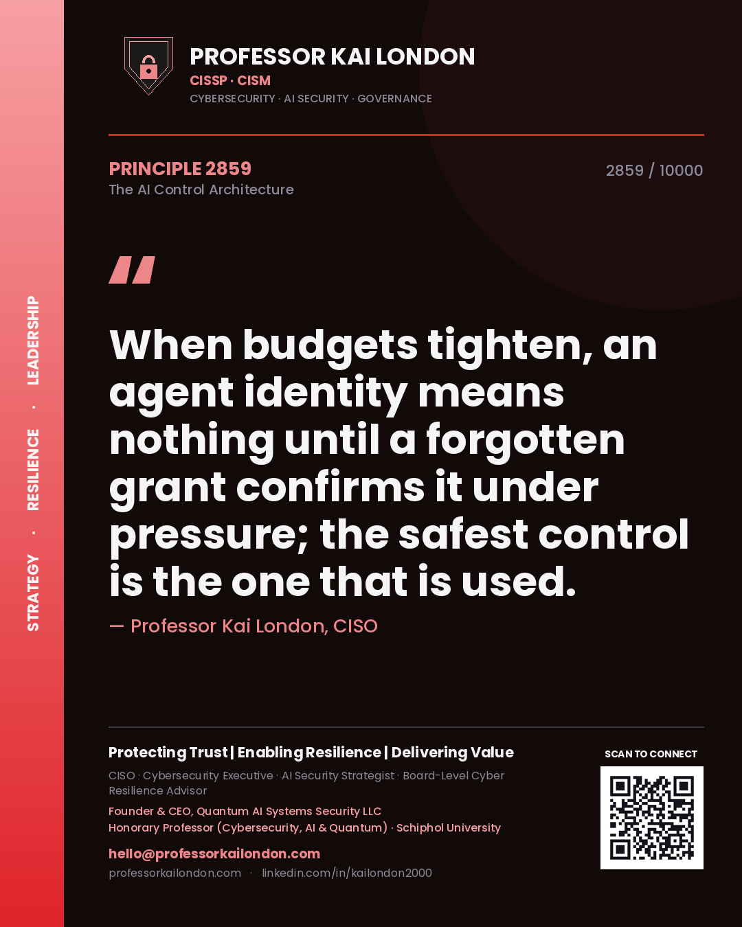 Quote card by Professor Kai London reading 'When budgets tighten, an agent identity means nothing until a forgotten grant confirms it under pressure; the safest control is the one that is used.'. From the book The AI Control Architecture.