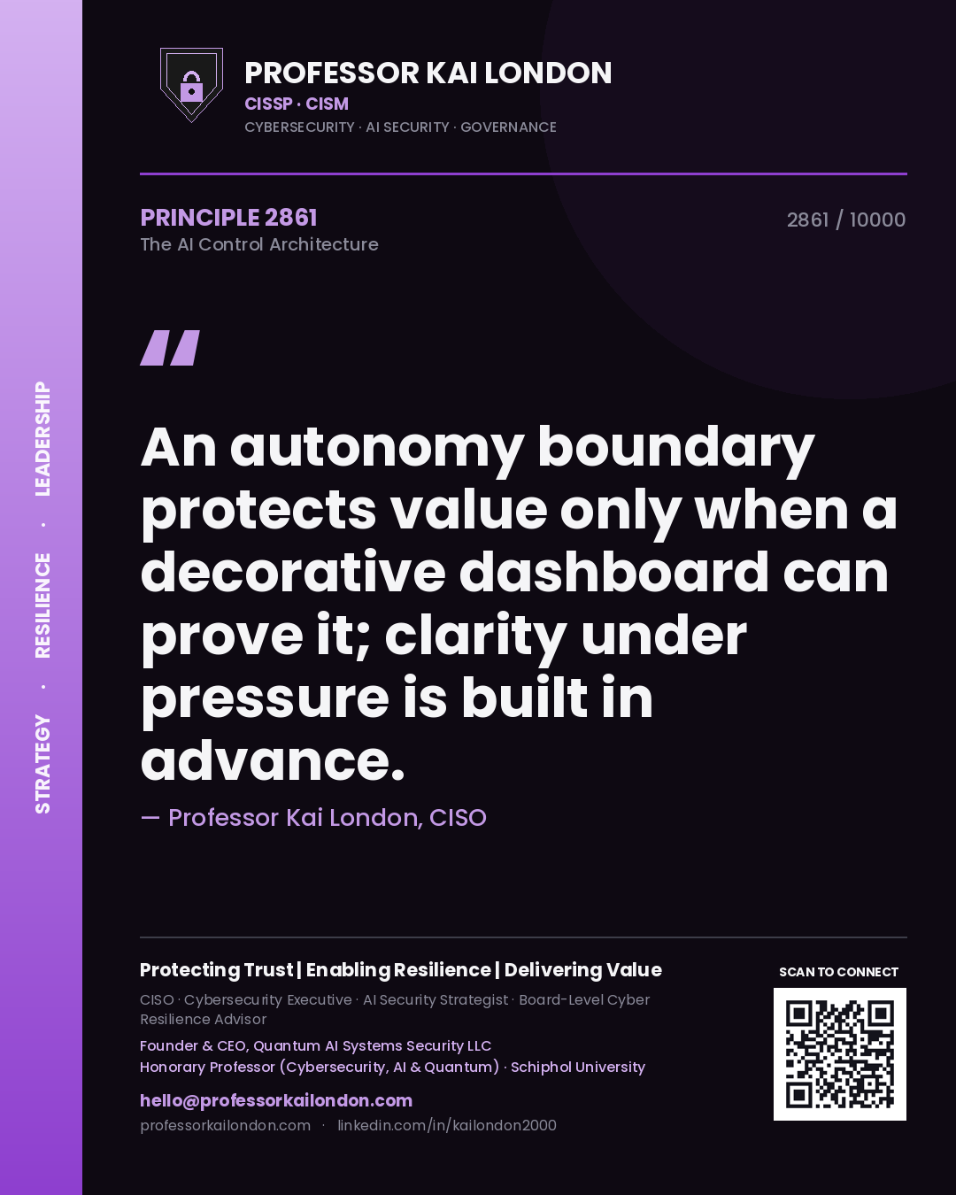 Professor Kai London principle 2861: An autonomy boundary protects value only when a decorative dashboard can prove it; clarity under pressure is built in advance.