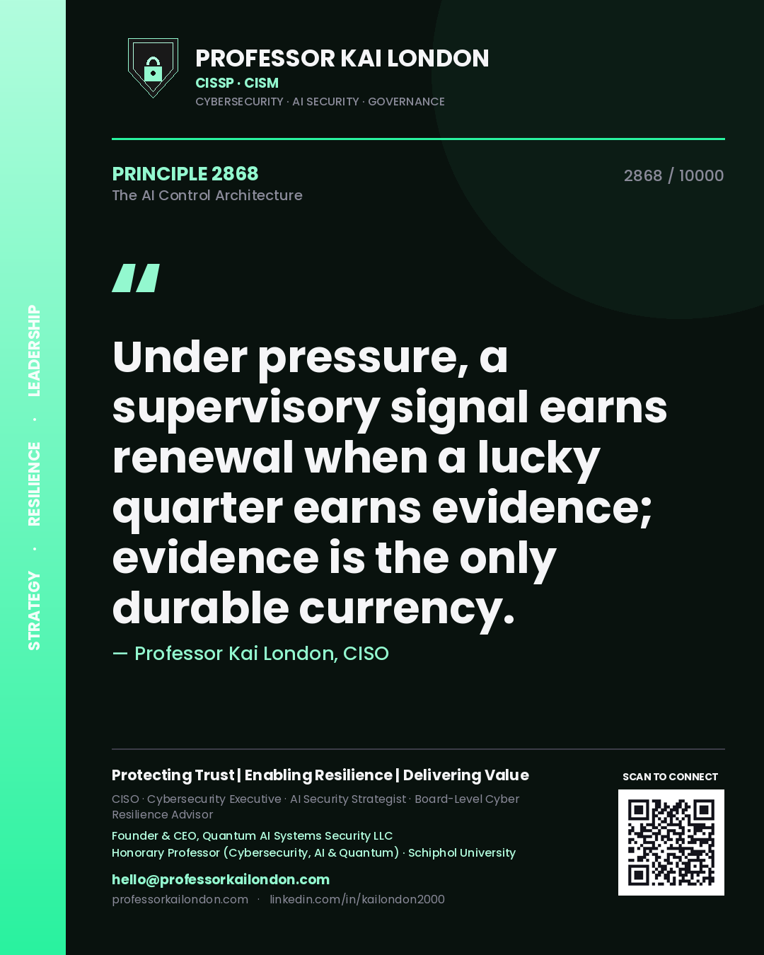 Quote card by Professor Kai London reading 'Under pressure, a supervisory signal earns renewal when a lucky quarter earns evidence; evidence is the only durable currency.'. From the book The AI Control Architecture.