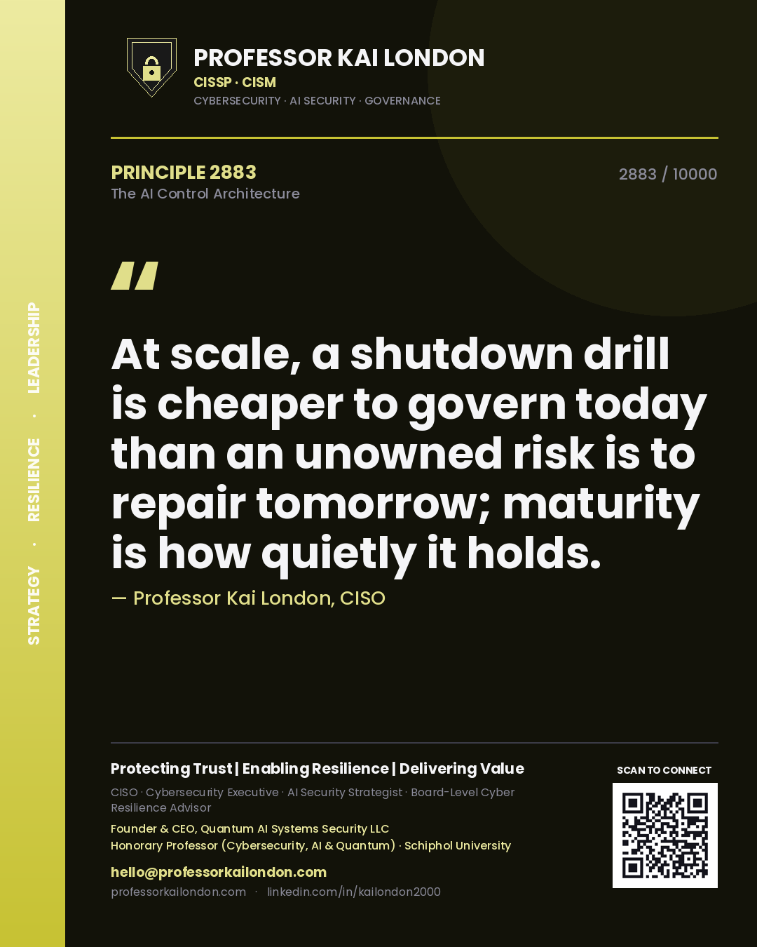 Professor Kai London principle 2883: At scale, a shutdown drill is cheaper to govern today than an unowned risk is to repair tomorrow; maturity is how quietly it holds.