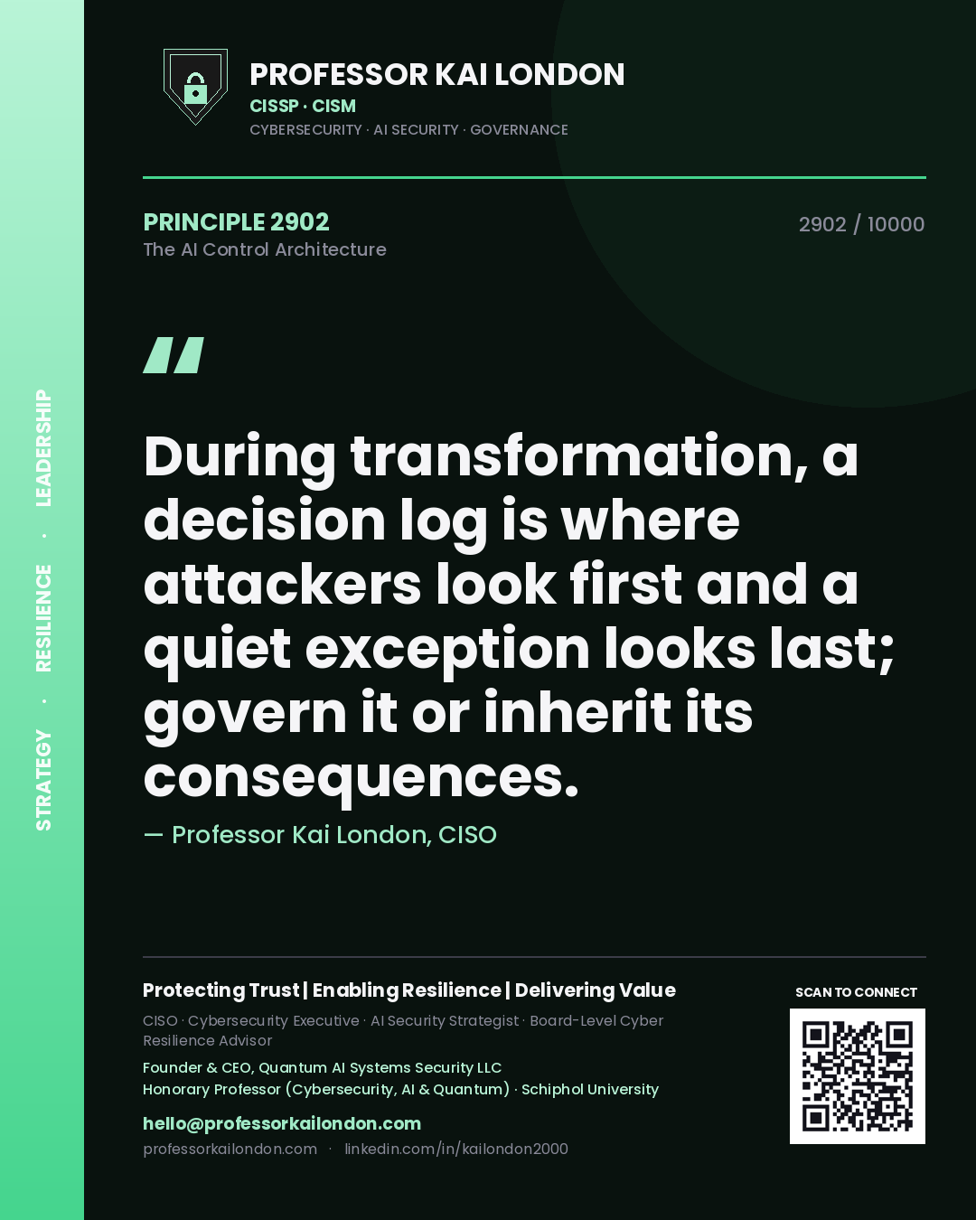 Quote card by Professor Kai London reading 'During transformation, a decision log is where attackers look first and a quiet exception looks last; govern it or inherit its consequences.'. From the book The AI Control Architecture.