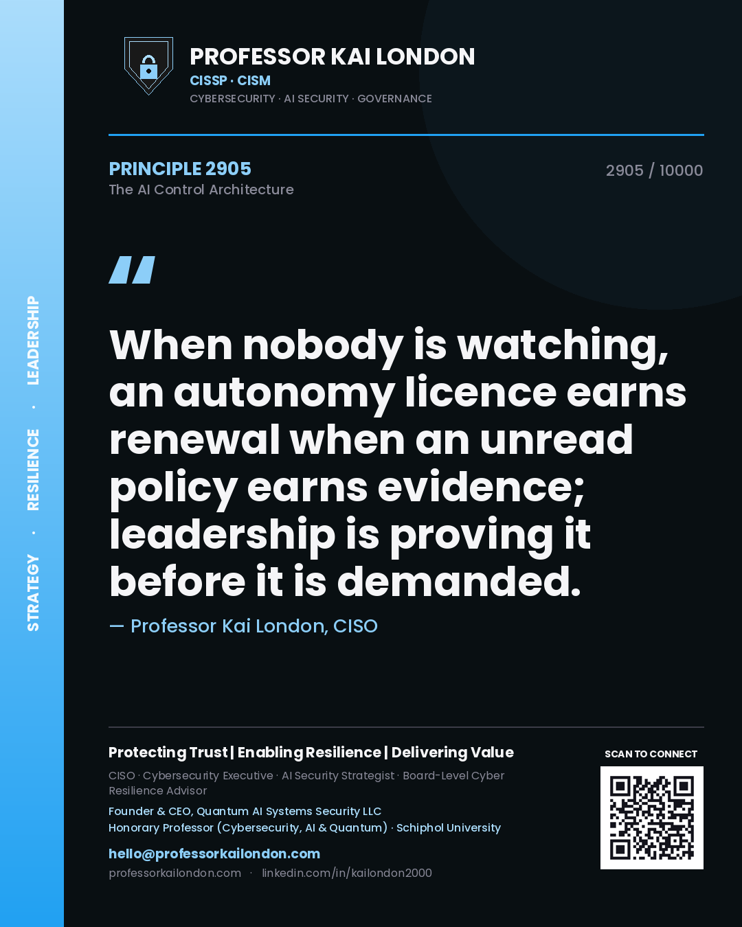 Quote card by Professor Kai London reading 'When nobody is watching, an autonomy licence earns renewal when an unread policy earns evidence; leadership is proving it before it is demanded.'. From the book The AI Control Architecture.