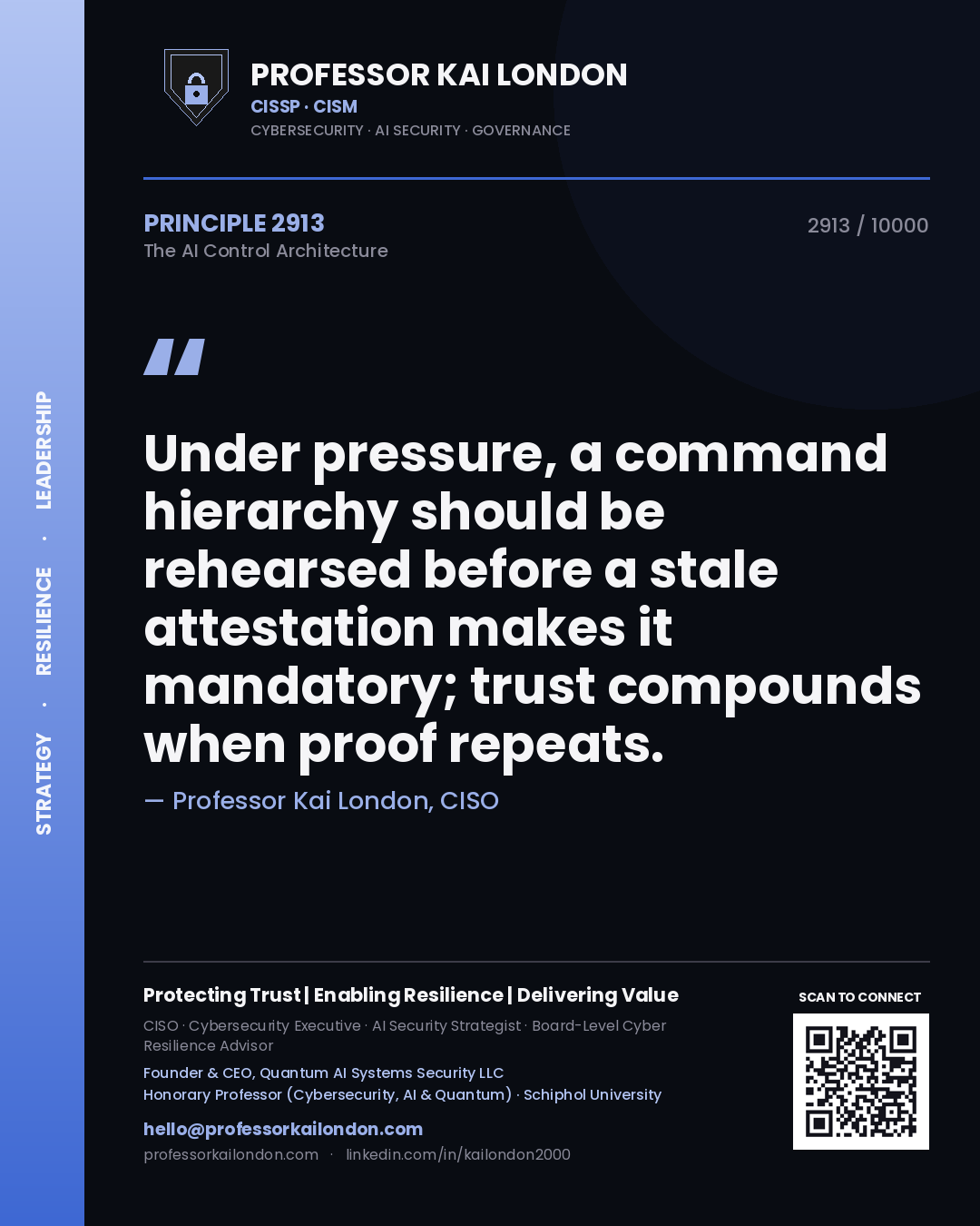 Professor Kai London principle 2913: Under pressure, a command hierarchy should be rehearsed before a stale attestation makes it mandatory; trust compounds when proof repeats.