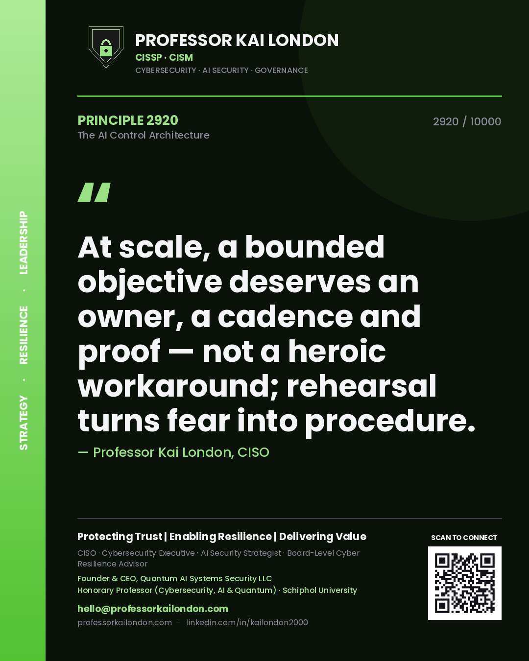 Professor Kai London principle 2920: At scale, a bounded objective deserves an owner, a cadence and proof — not a heroic workaround; rehearsal turns fear into procedure.