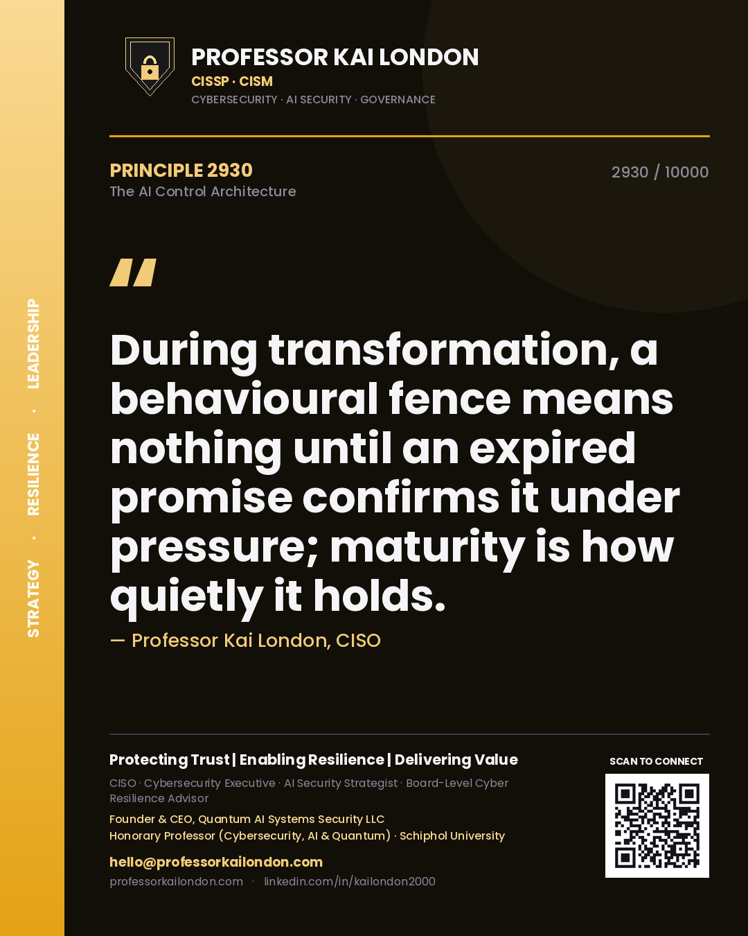 Professor Kai London principle 2930: During transformation, a behavioural fence means nothing until an expired promise confirms it under pressure; maturity is how quietly it holds.