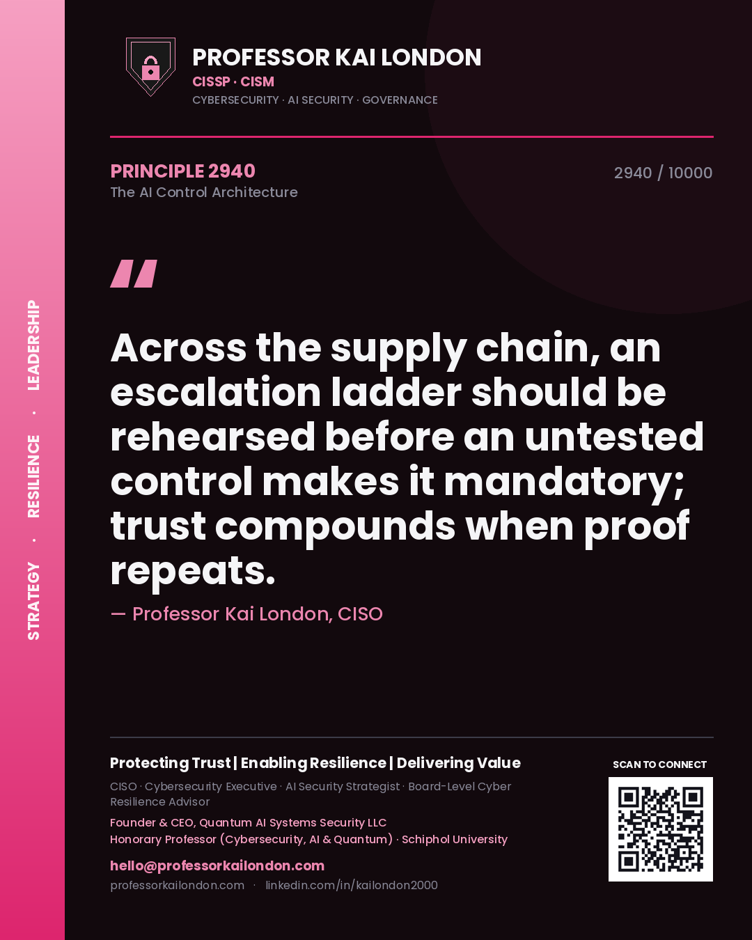 Professor Kai London principle 2940: Across the supply chain, an escalation ladder should be rehearsed before an untested control makes it mandatory; trust compounds when proof repeats.