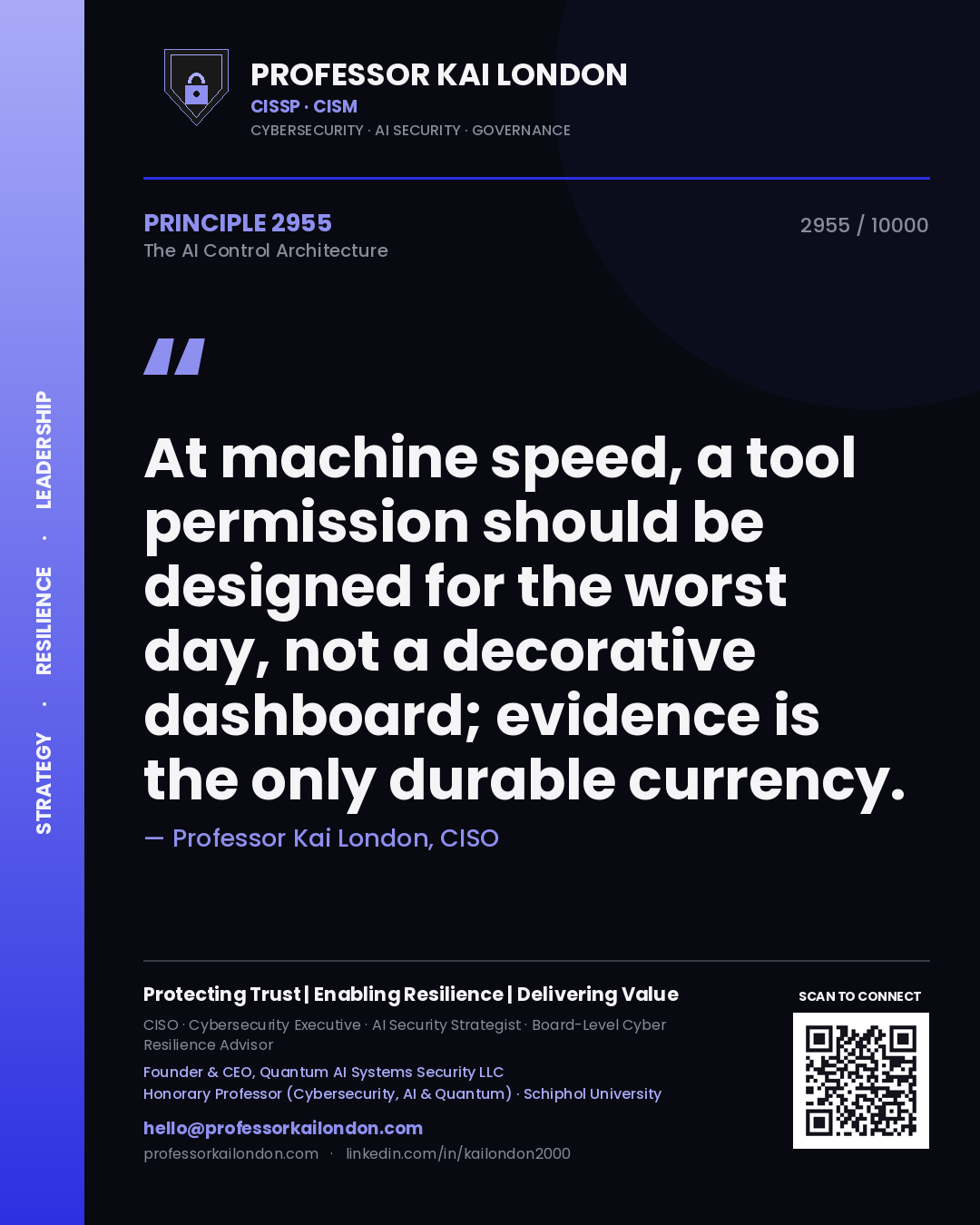 Professor Kai London principle 2955: At machine speed, a tool permission should be designed for the worst day, not a decorative dashboard; evidence is the only durable currency.