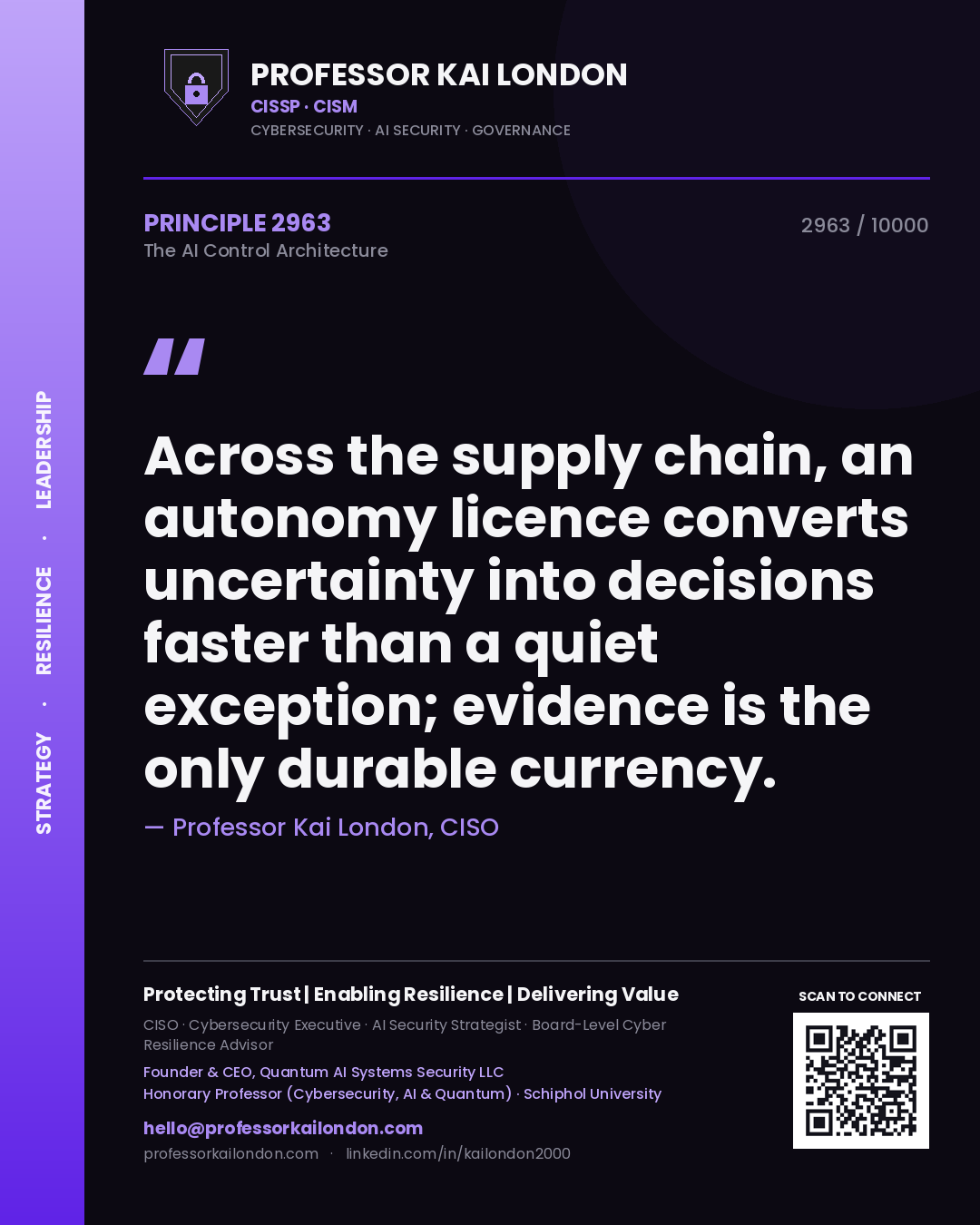 Quote card by Professor Kai London reading 'Across the supply chain, an autonomy licence converts uncertainty into decisions faster than a quiet exception; evidence is the only durable currency.'. From the book The AI Control Architecture.