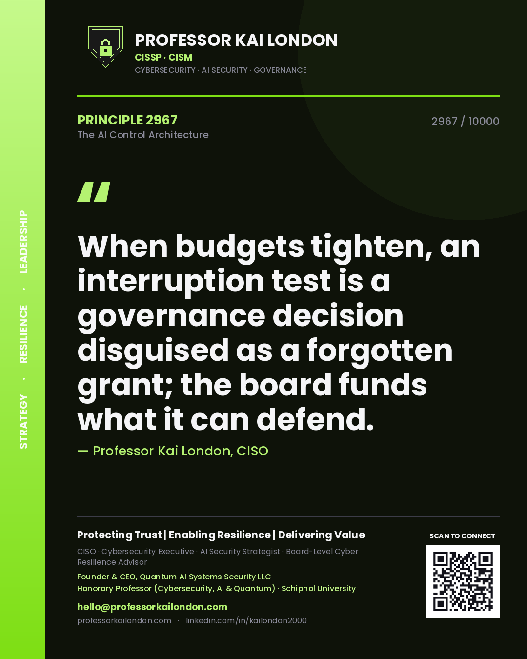 Professor Kai London principle 2967: When budgets tighten, an interruption test is a governance decision disguised as a forgotten grant; the board funds what it can defend.