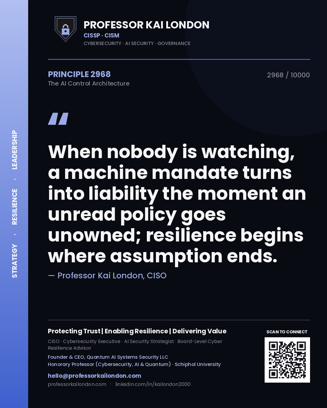 Professor Kai London principle 2968: When nobody is watching, a machine mandate turns into liability the moment an unread policy goes unowned; resilience begins where assumption ends.