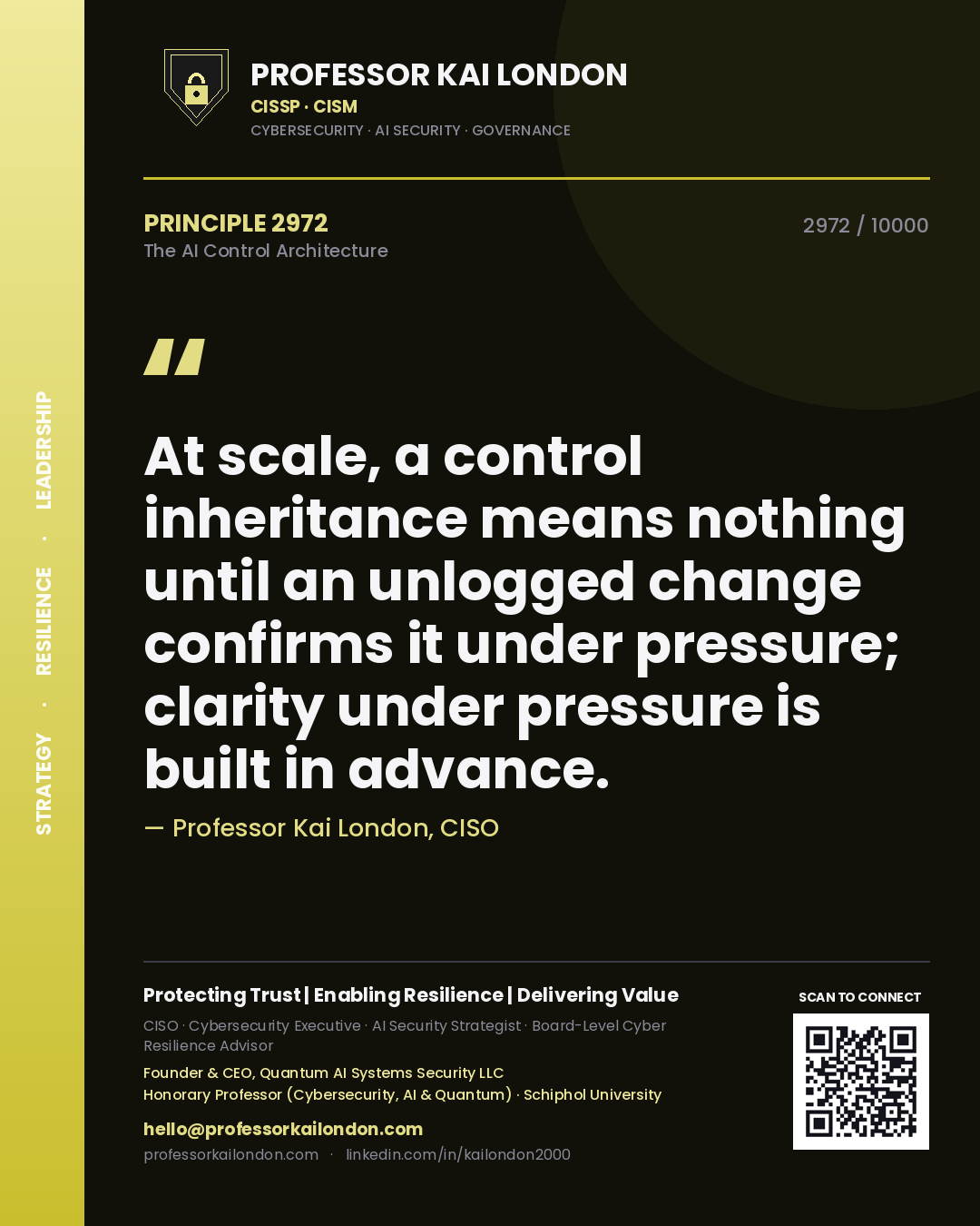 Professor Kai London principle 2972: At scale, a control inheritance means nothing until an unlogged change confirms it under pressure; clarity under pressure is built in advance.