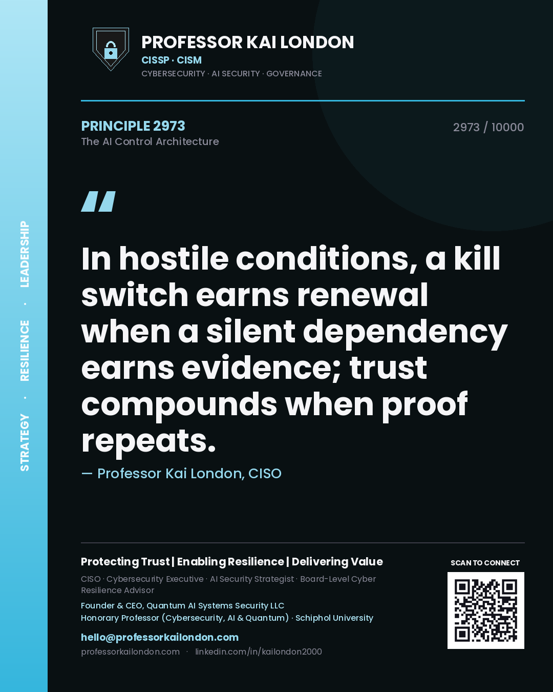 Professor Kai London principle 2973: In hostile conditions, a kill switch earns renewal when a silent dependency earns evidence; trust compounds when proof repeats.