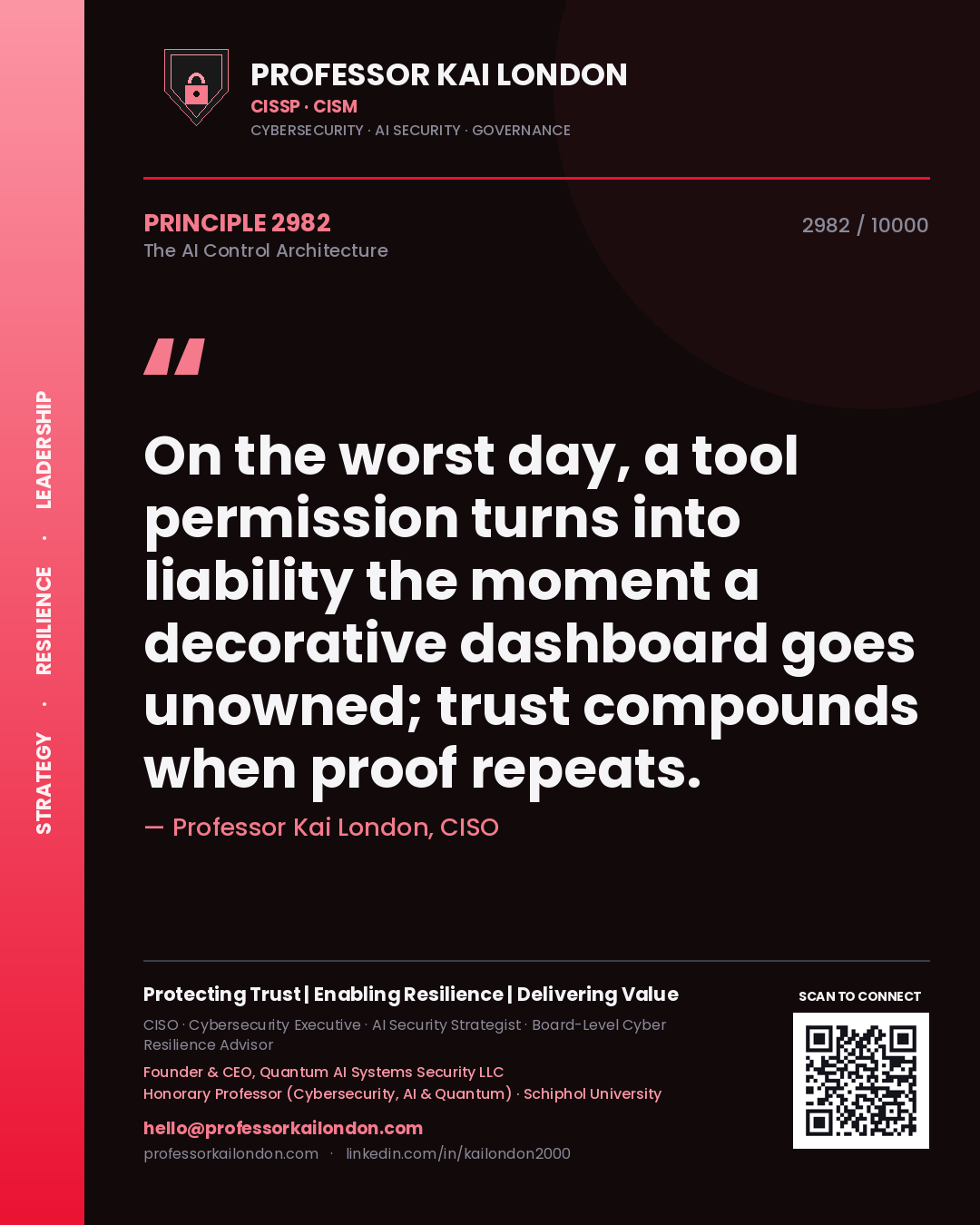 Professor Kai London principle 2982: On the worst day, a tool permission turns into liability the moment a decorative dashboard goes unowned; trust compounds when proof repeats.