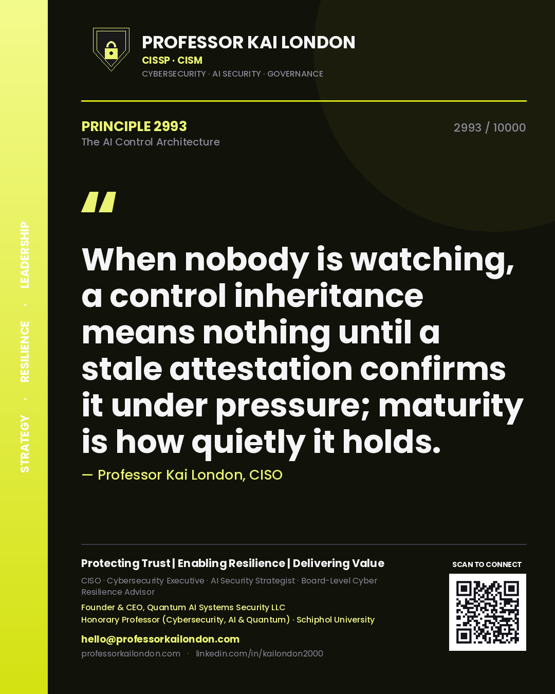 Professor Kai London principle 2993: When nobody is watching, a control inheritance means nothing until a stale attestation confirms it under pressure; maturity is how quietly it holds.