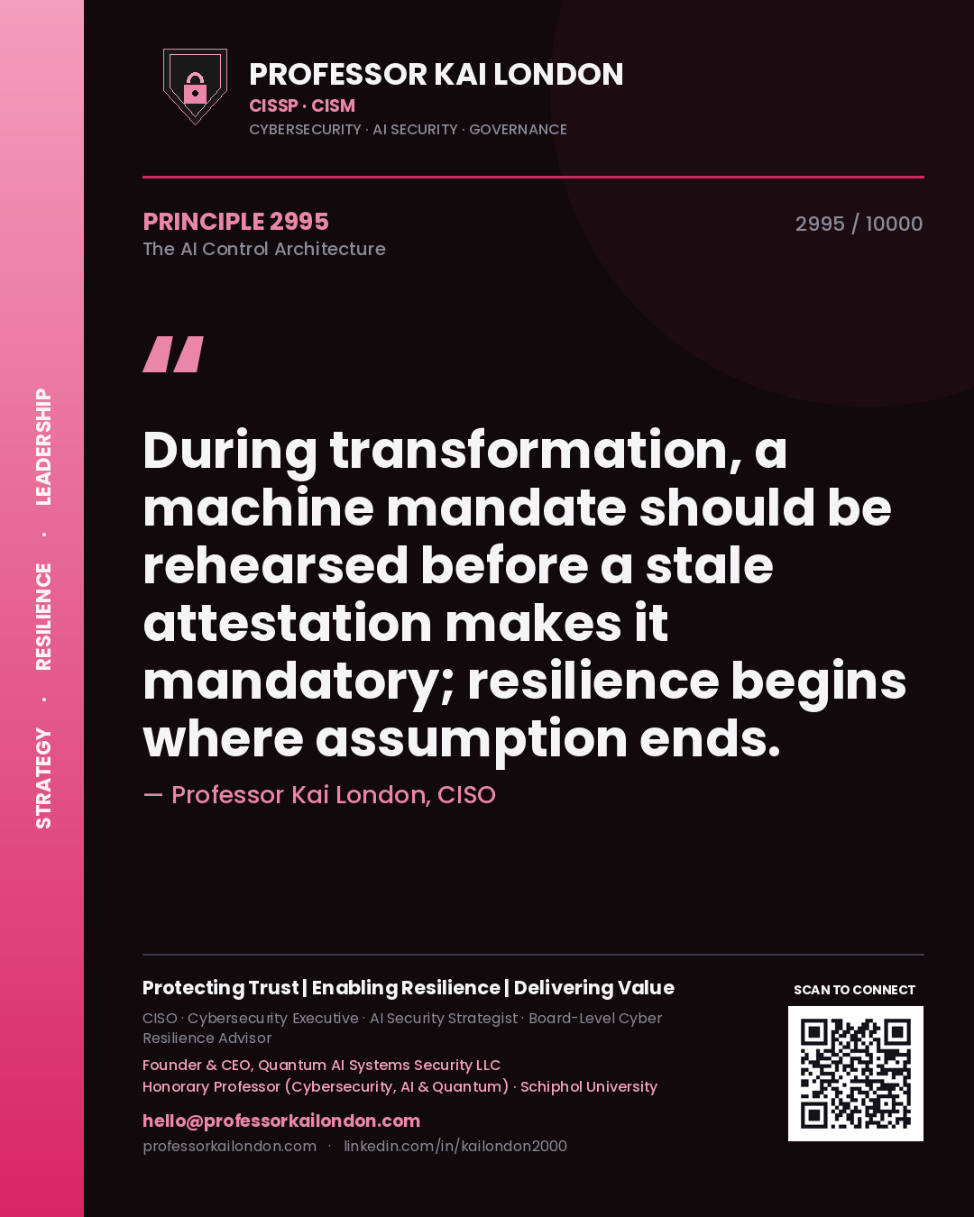 Professor Kai London principle 2995: During transformation, a machine mandate should be rehearsed before a stale attestation makes it mandatory; resilience begins where assumption ends.