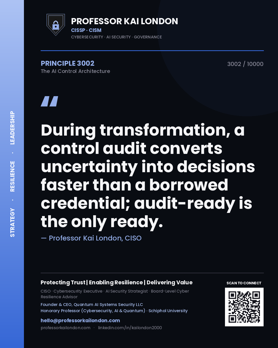 Quote card by Professor Kai London reading 'During transformation, a control audit converts uncertainty into decisions faster than a borrowed credential; audit-ready is the only ready.'. From the book The AI Control Architecture.