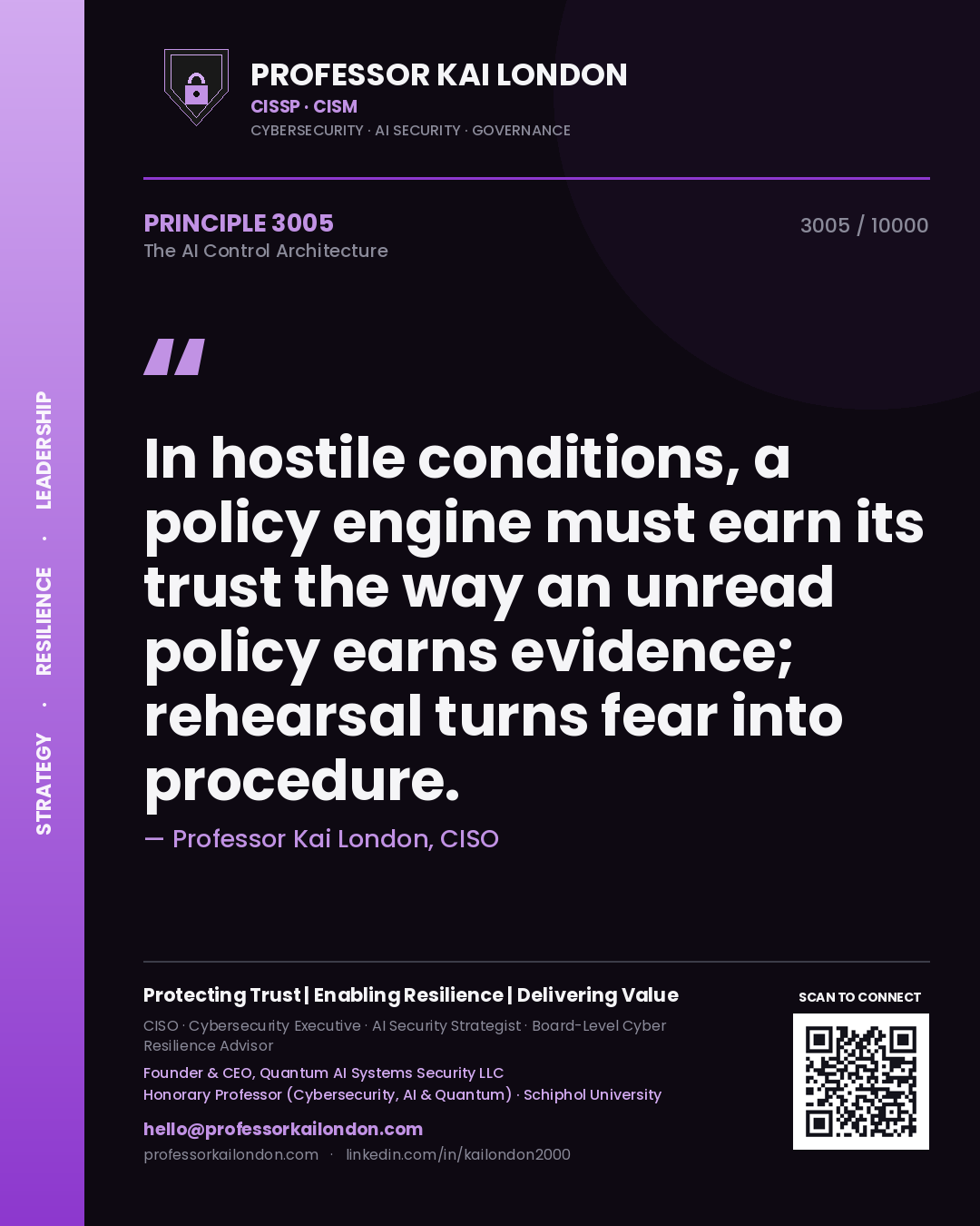 Quote card by Professor Kai London reading 'In hostile conditions, a policy engine must earn its trust the way an unread policy earns evidence; rehearsal turns fear into procedure.'. From the book The AI Control Architecture.