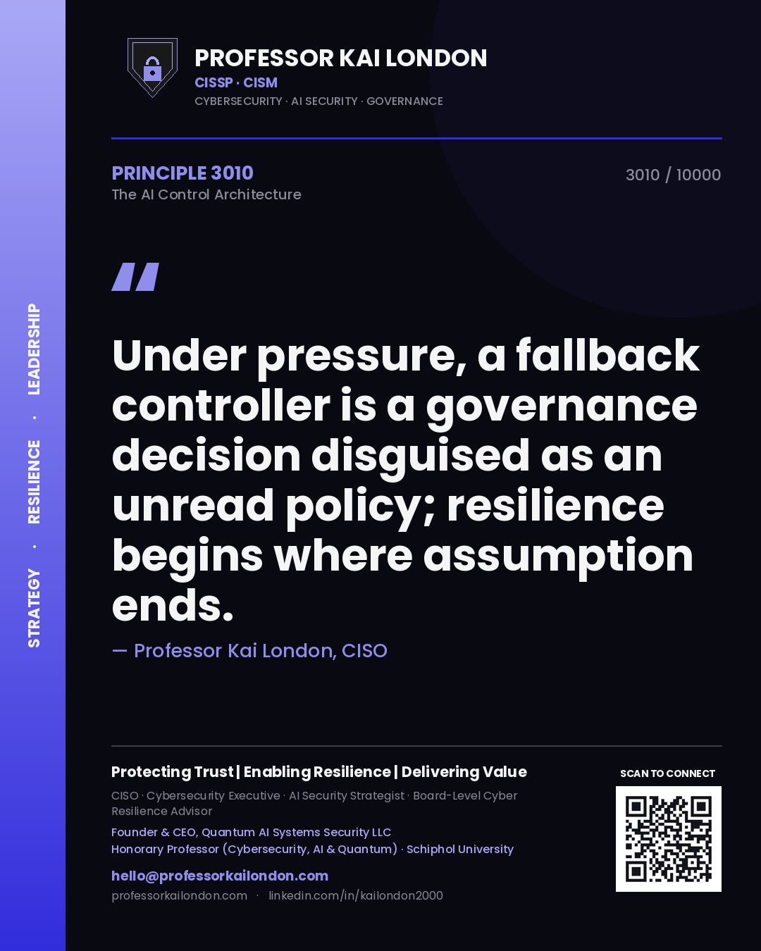 Quote card by Professor Kai London reading 'Under pressure, a fallback controller is a governance decision disguised as an unread policy; resilience begins where assumption ends.'. From the book The AI Control Architecture.
