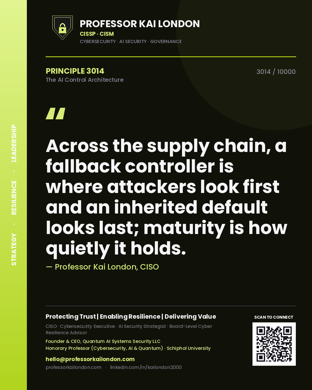 Quote card by Professor Kai London reading 'Across the supply chain, a fallback controller is where attackers look first and an inherited default looks last; maturity is how quietly it holds.'. From the book The AI Control Architecture.