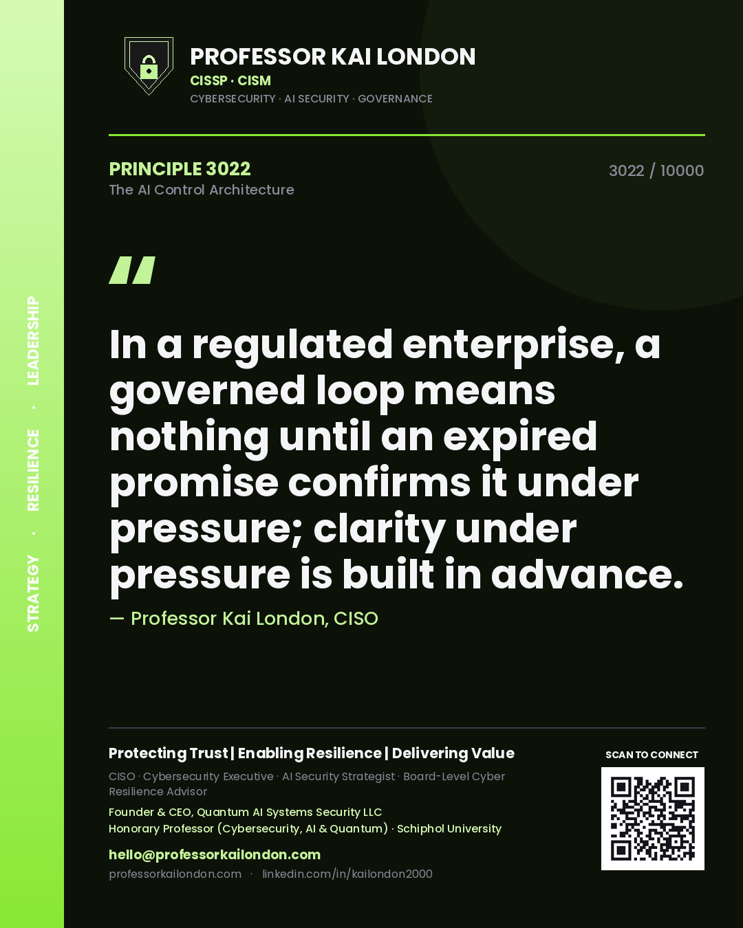 Professor Kai London principle 3022: In a regulated enterprise, a governed loop means nothing until an expired promise confirms it under pressure; clarity under pressure is built in advance.