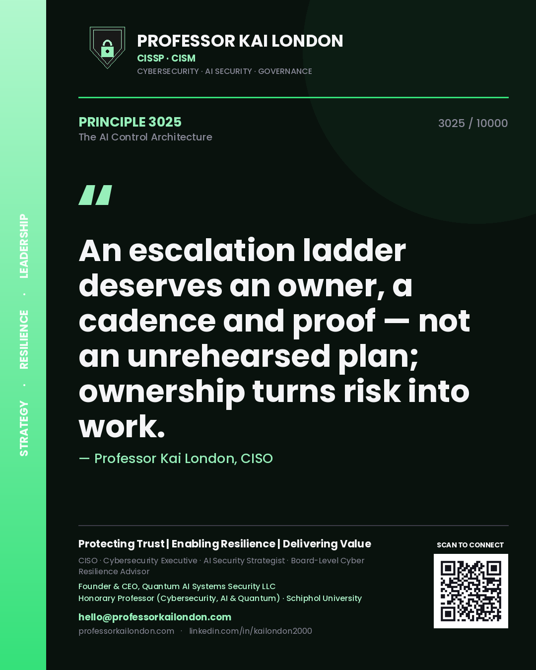 Professor Kai London principle 3025: An escalation ladder deserves an owner, a cadence and proof — not an unrehearsed plan; ownership turns risk into work.
