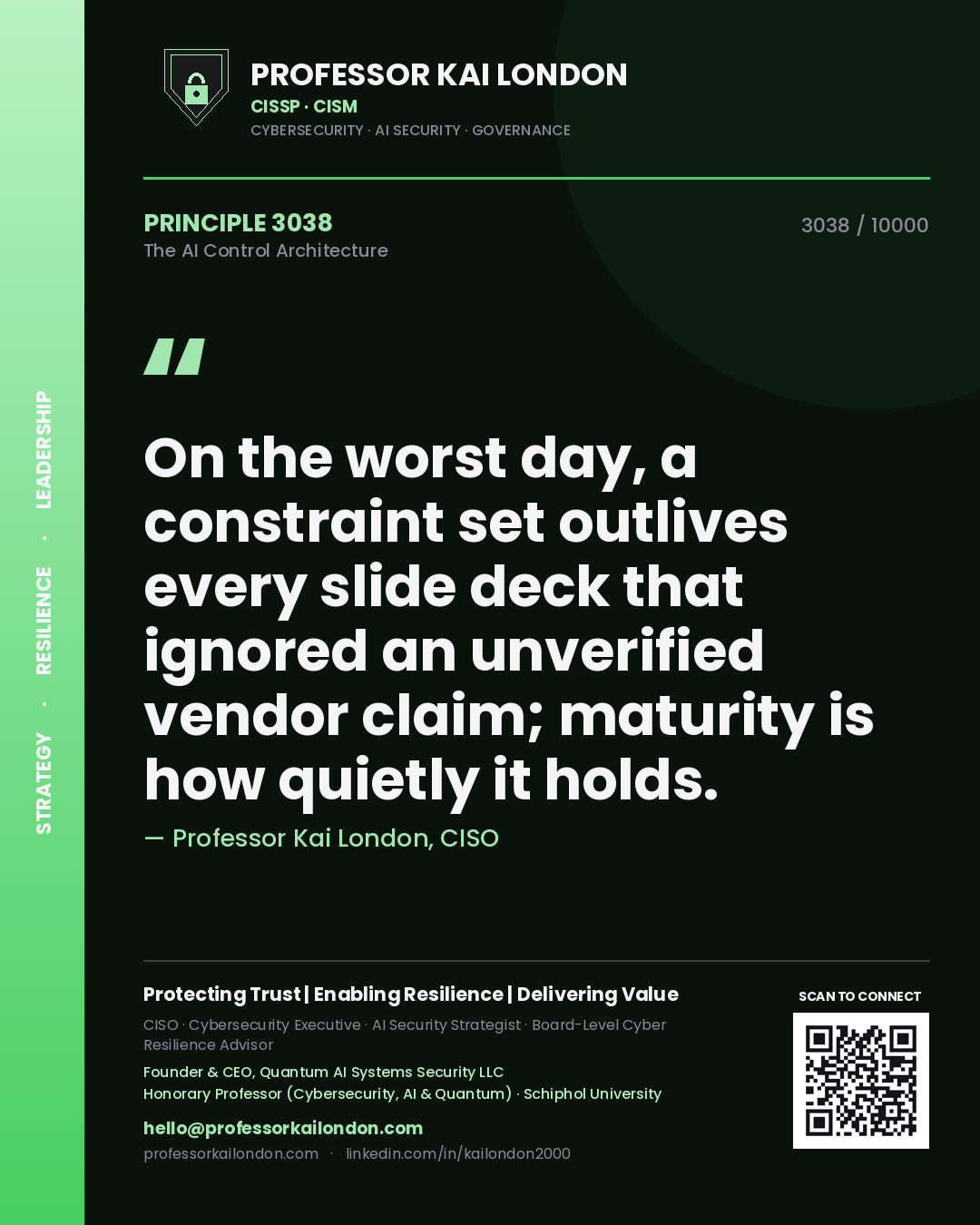 Professor Kai London principle 3038: On the worst day, a constraint set outlives every slide deck that ignored an unverified vendor claim; maturity is how quietly it holds.