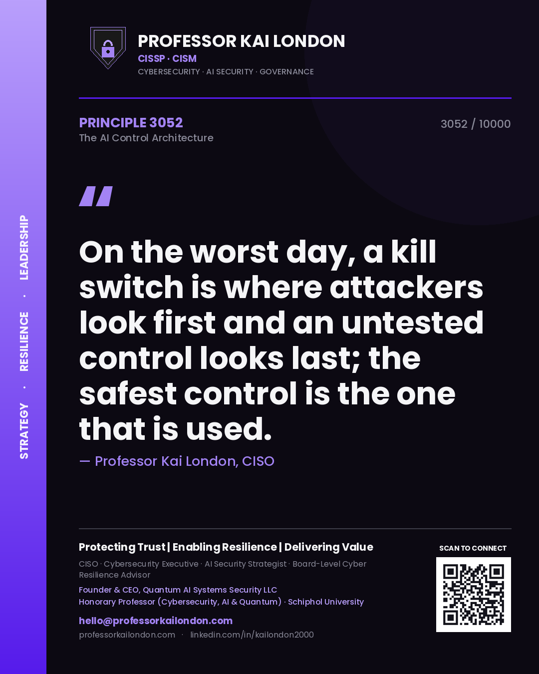 Professor Kai London principle 3052: On the worst day, a kill switch is where attackers look first and an untested control looks last; the safest control is the one that is used.