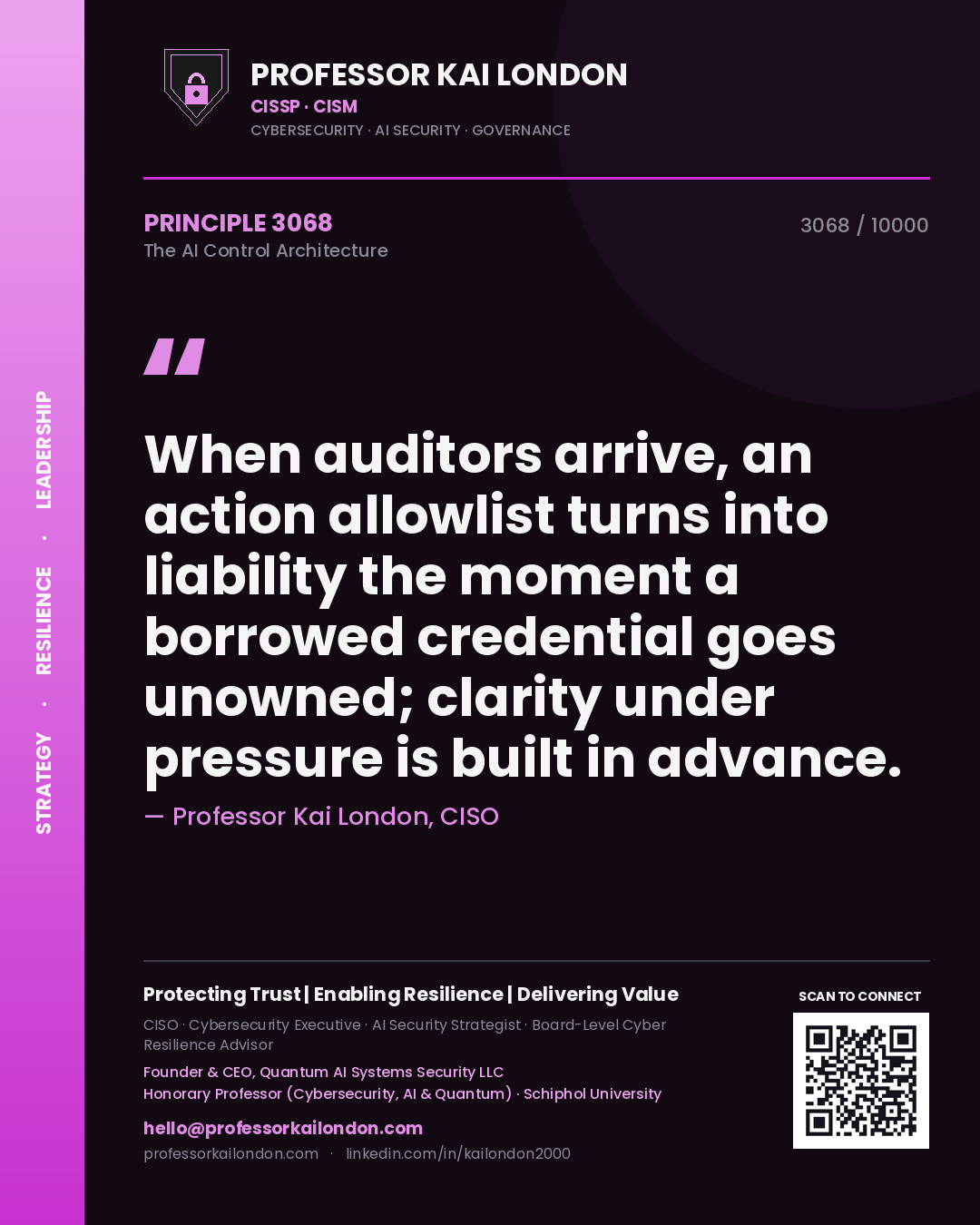 Professor Kai London principle 3068: When auditors arrive, an action allowlist turns into liability the moment a borrowed credential goes unowned; clarity under pressure is built in advance.