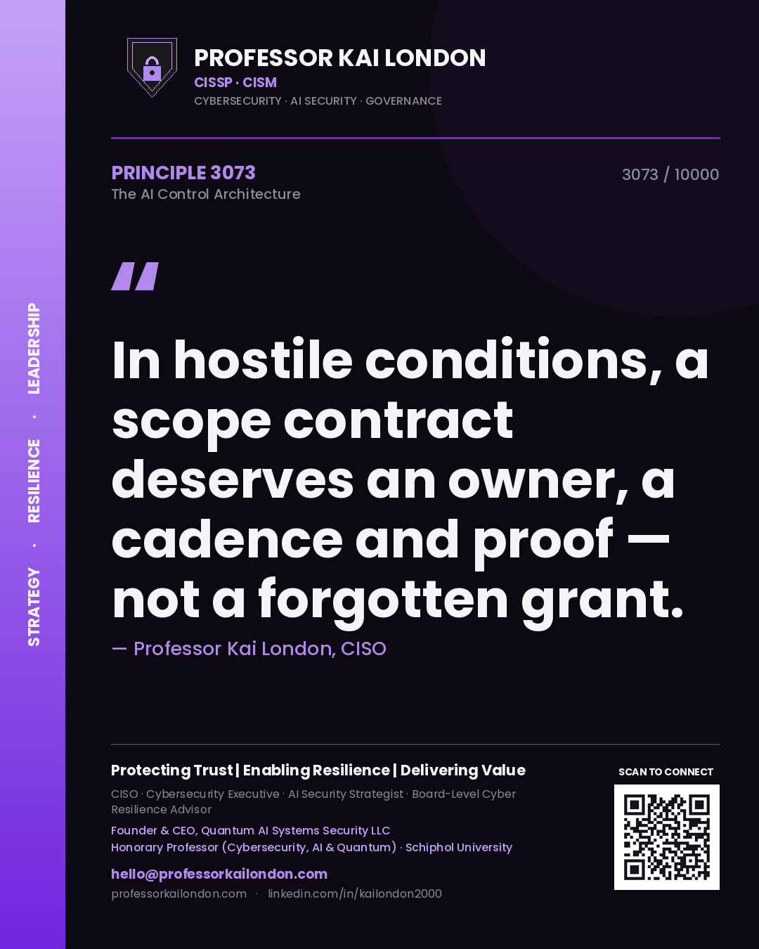 Professor Kai London principle 3073: In hostile conditions, a scope contract deserves an owner, a cadence and proof — not a forgotten grant.