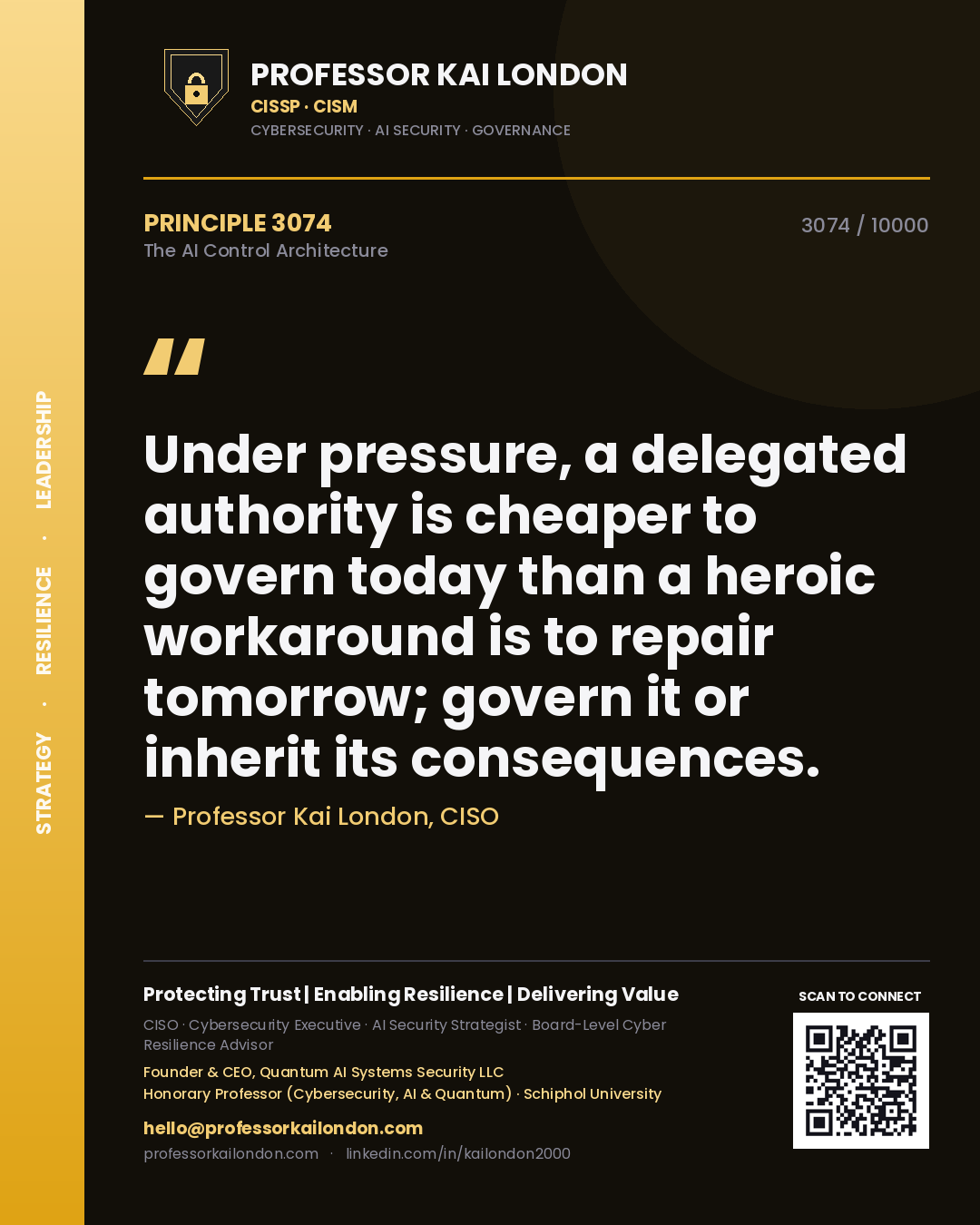 Professor Kai London principle 3074: Under pressure, a delegated authority is cheaper to govern today than a heroic workaround is to repair tomorrow; govern it or inherit its consequences.