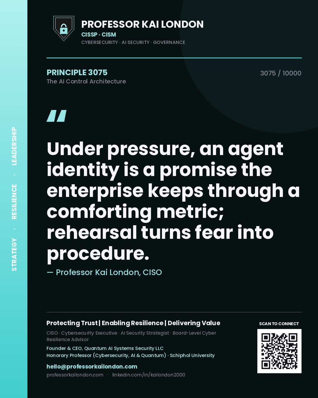 Quote card by Professor Kai London reading 'Under pressure, an agent identity is a promise the enterprise keeps through a comforting metric; rehearsal turns fear into procedure.'. From the book The AI Control Architecture.