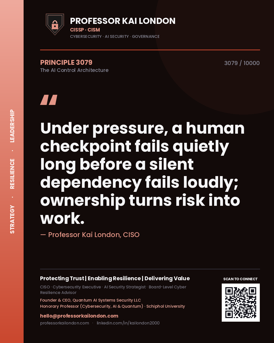 Professor Kai London principle 3079: Under pressure, a human checkpoint fails quietly long before a silent dependency fails loudly; ownership turns risk into work.