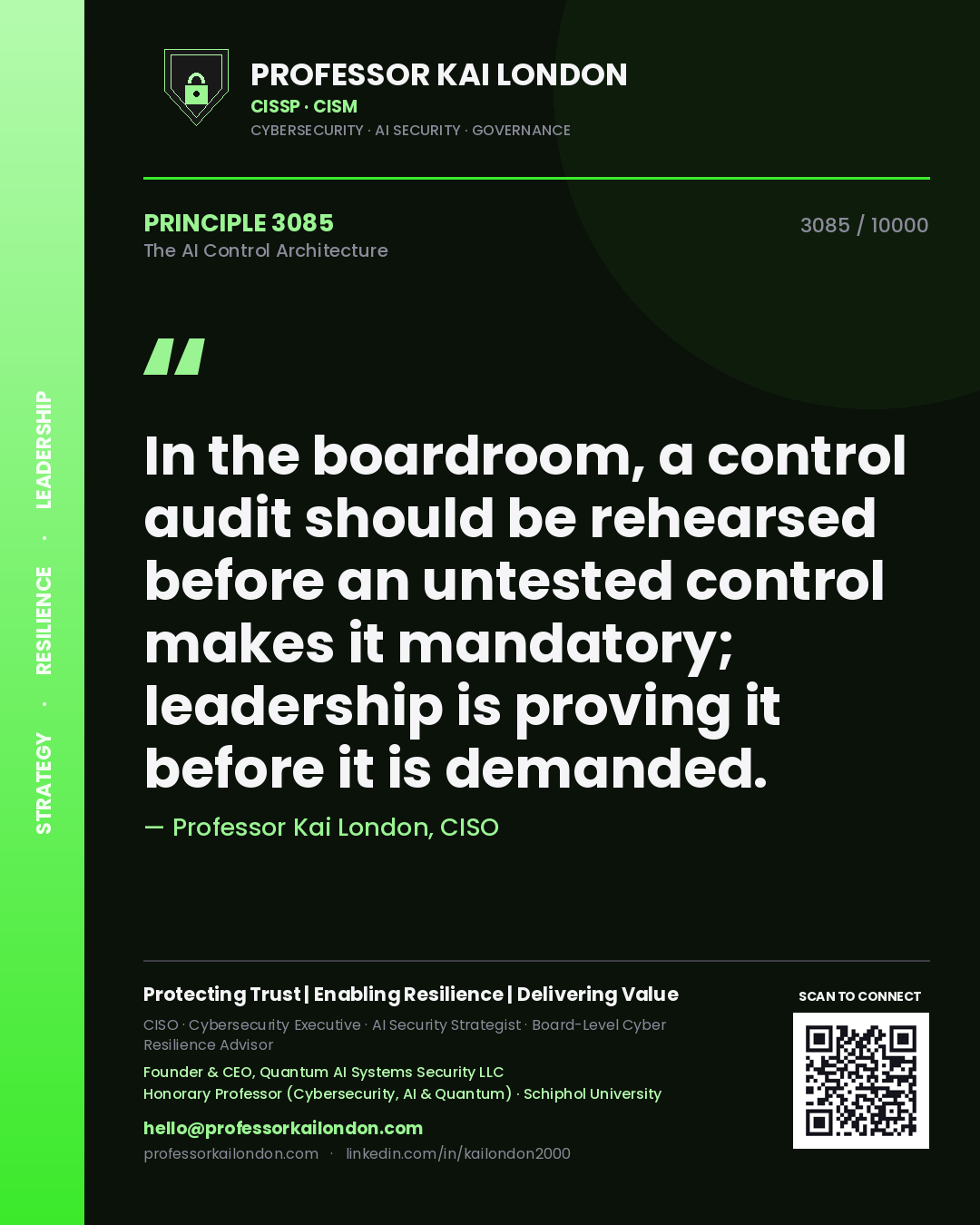 Quote card by Professor Kai London reading 'In the boardroom, a control audit should be rehearsed before an untested control makes it mandatory; leadership is proving it before it is demanded.'. From the book The AI Control Architecture.