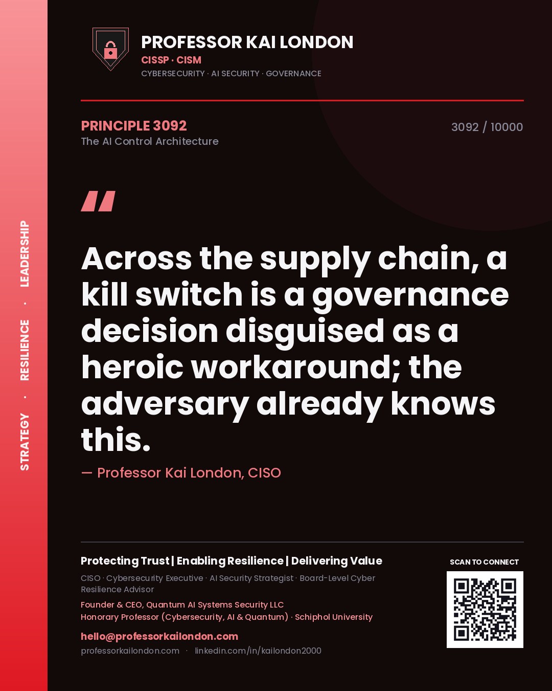 Quote card by Professor Kai London reading 'Across the supply chain, a kill switch is a governance decision disguised as a heroic workaround; the adversary already knows this.'. From the book The AI Control Architecture.