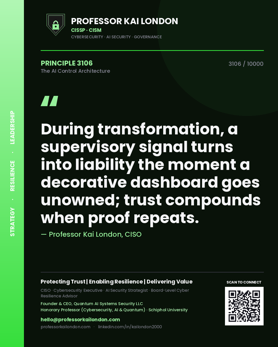 Professor Kai London principle 3106: During transformation, a supervisory signal turns into liability the moment a decorative dashboard goes unowned; trust compounds when proof repeats.