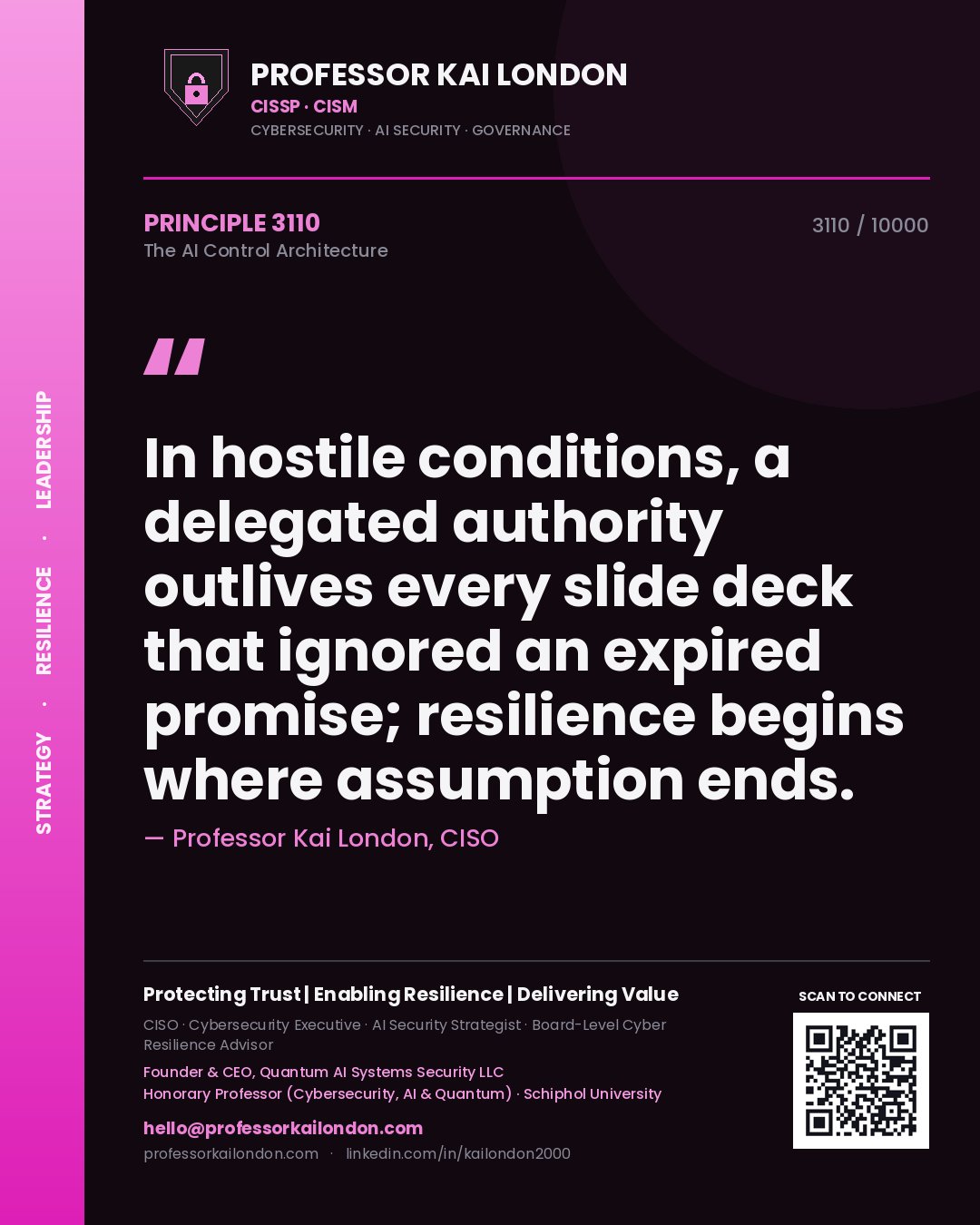 Professor Kai London principle 3110: In hostile conditions, a delegated authority outlives every slide deck that ignored an expired promise; resilience begins where assumption ends.