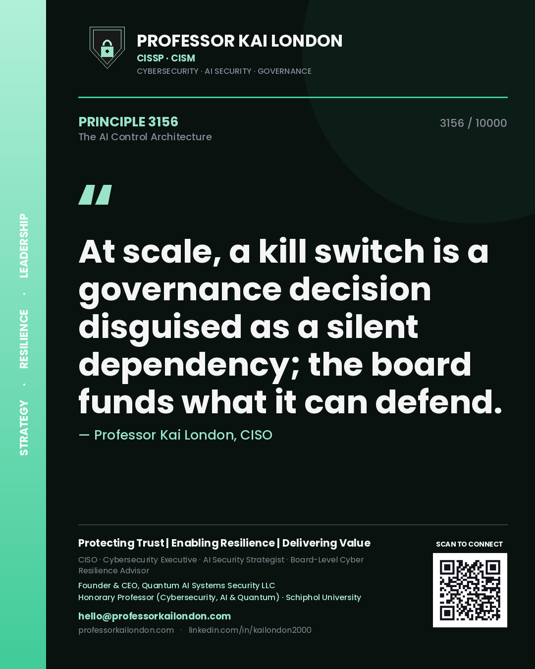 Quote card by Professor Kai London reading 'At scale, a kill switch is a governance decision disguised as a silent dependency; the board funds what it can defend.'. From the book The AI Control Architecture.