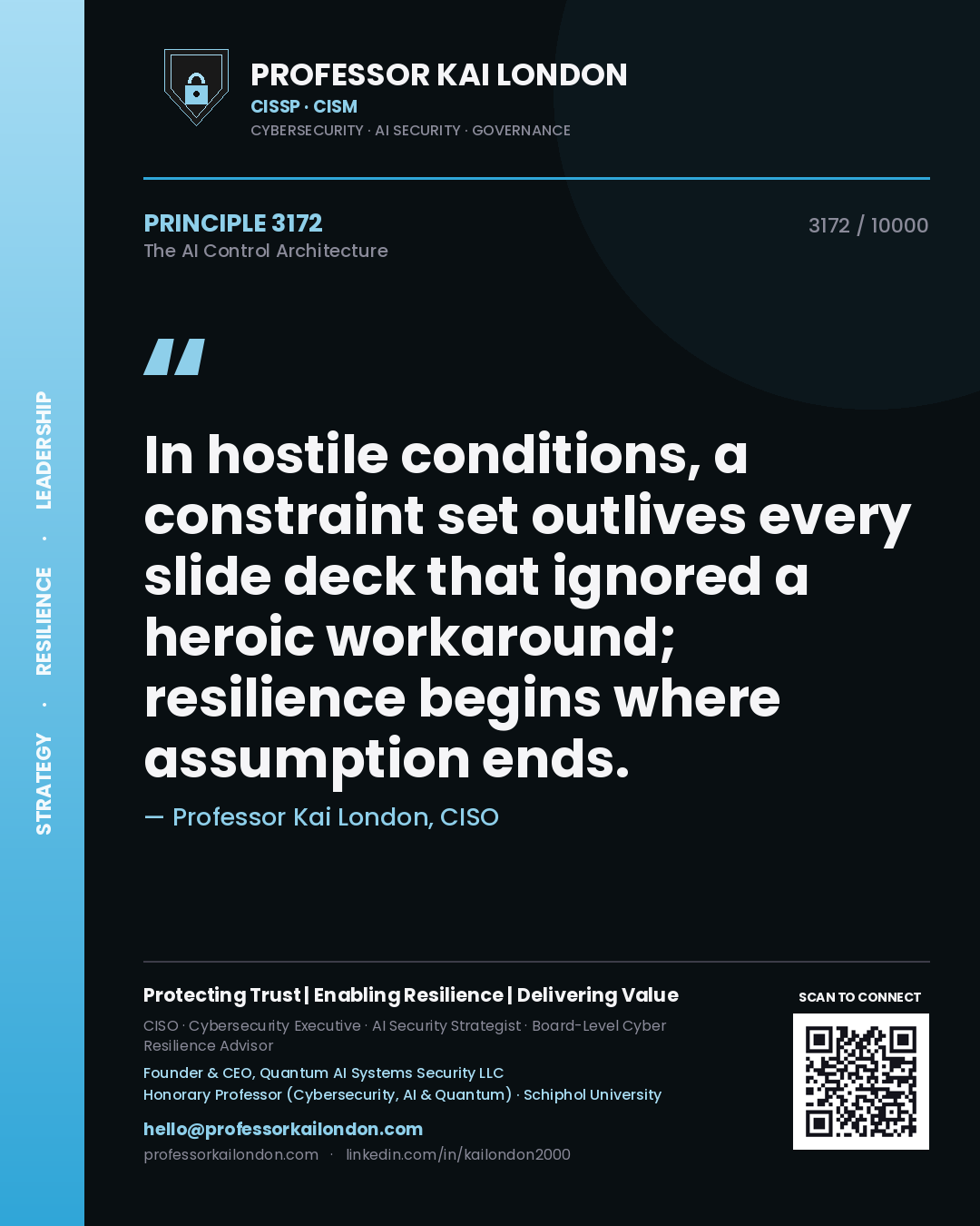 Quote card by Professor Kai London reading 'In hostile conditions, a constraint set outlives every slide deck that ignored a heroic workaround; resilience begins where assumption ends.'. From the book The AI Control Architecture.