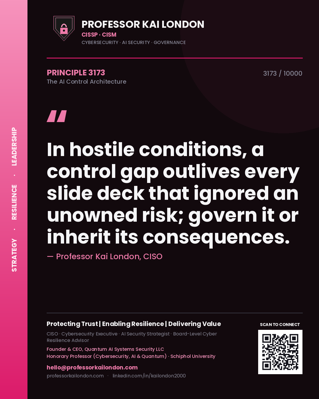 Professor Kai London principle 3173: In hostile conditions, a control gap outlives every slide deck that ignored an unowned risk; govern it or inherit its consequences.