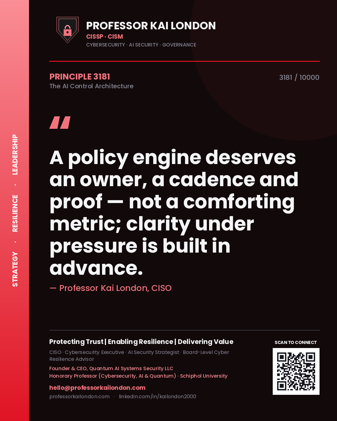Professor Kai London principle 3181: A policy engine deserves an owner, a cadence and proof — not a comforting metric; clarity under pressure is built in advance.