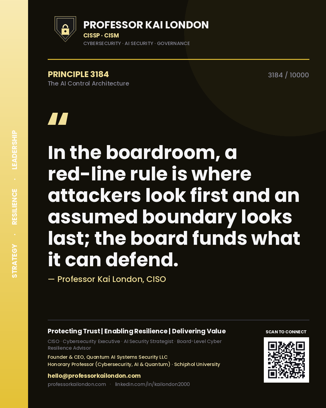 Quote card by Professor Kai London reading 'In the boardroom, a red-line rule is where attackers look first and an assumed boundary looks last; the board funds what it can defend.'. From the book The AI Control Architecture.