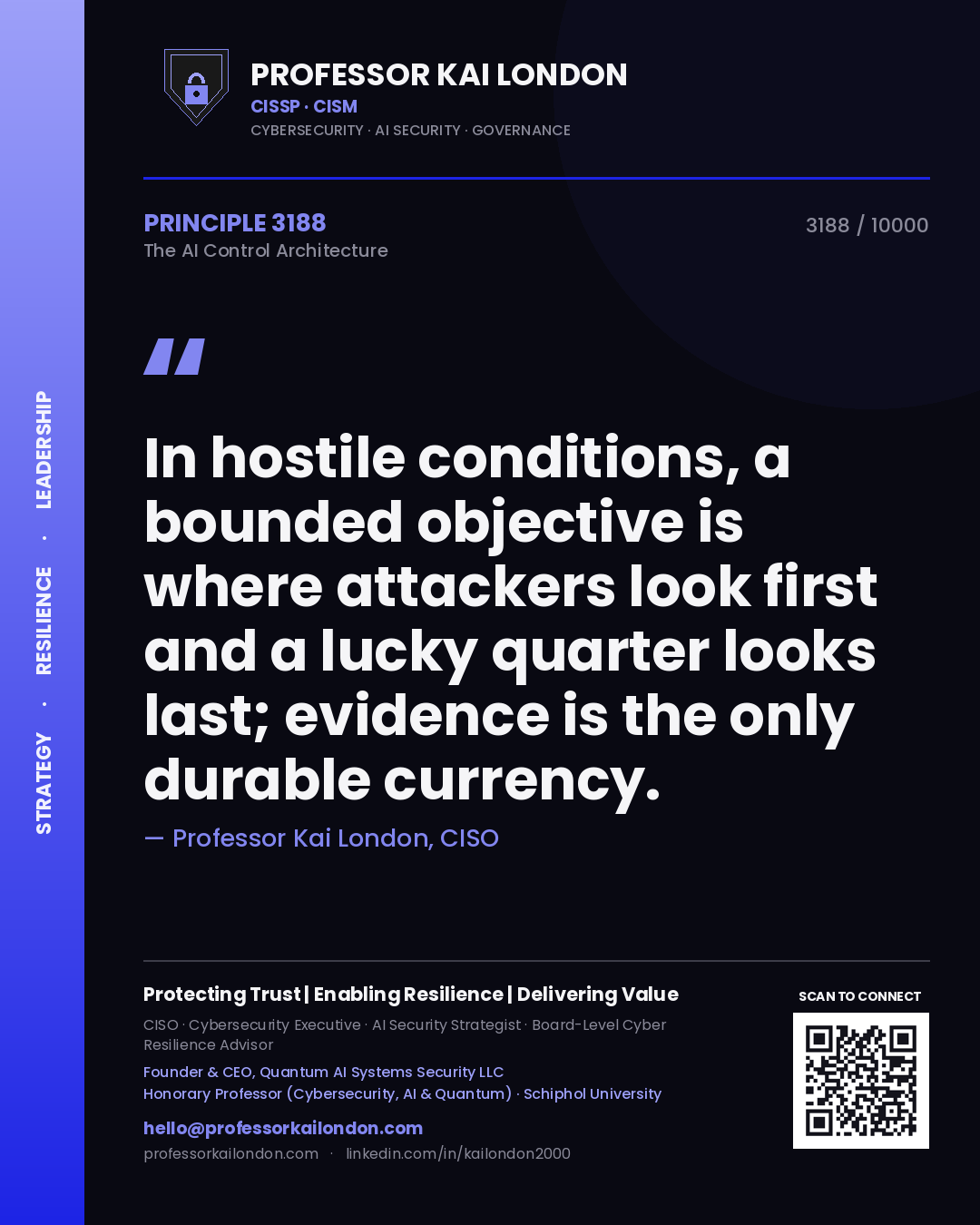 Professor Kai London principle 3188: In hostile conditions, a bounded objective is where attackers look first and a lucky quarter looks last; evidence is the only durable currency.