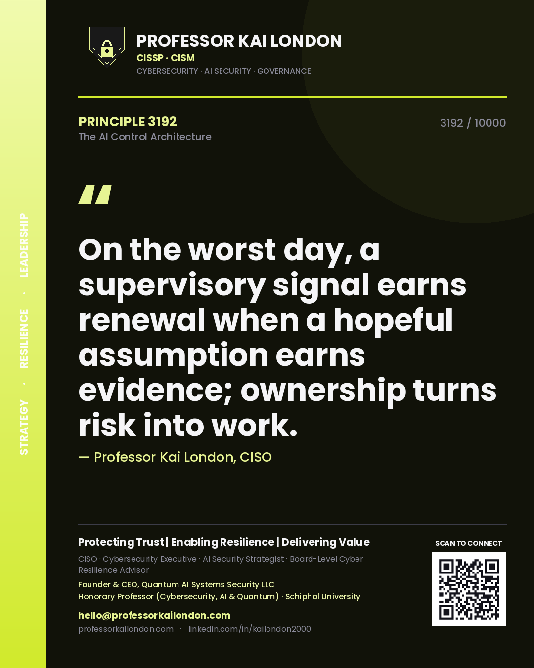 Professor Kai London principle 3192: On the worst day, a supervisory signal earns renewal when a hopeful assumption earns evidence; ownership turns risk into work.