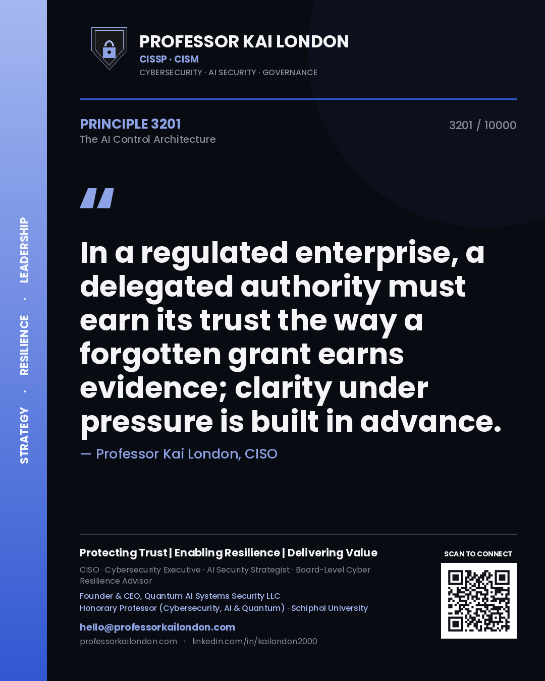 Professor Kai London principle 3201: In a regulated enterprise, a delegated authority must earn its trust the way a forgotten grant earns evidence; clarity under pressure is built in advance.