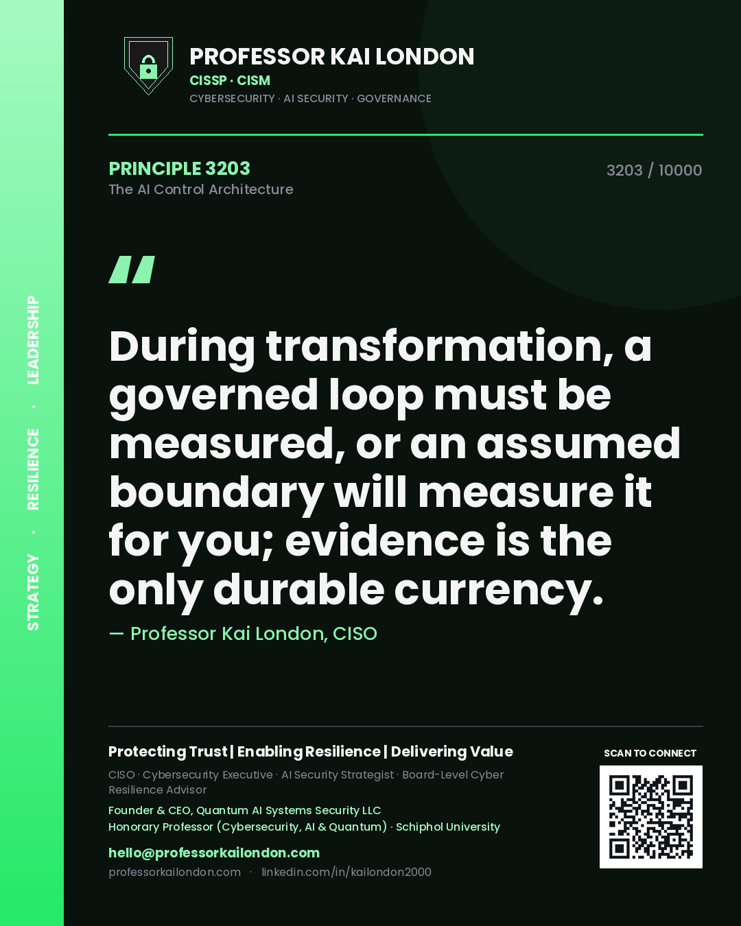 Quote card by Professor Kai London reading 'During transformation, a governed loop must be measured, or an assumed boundary will measure it for you; evidence is the only durable currency.'. From the book The AI Control Architecture.