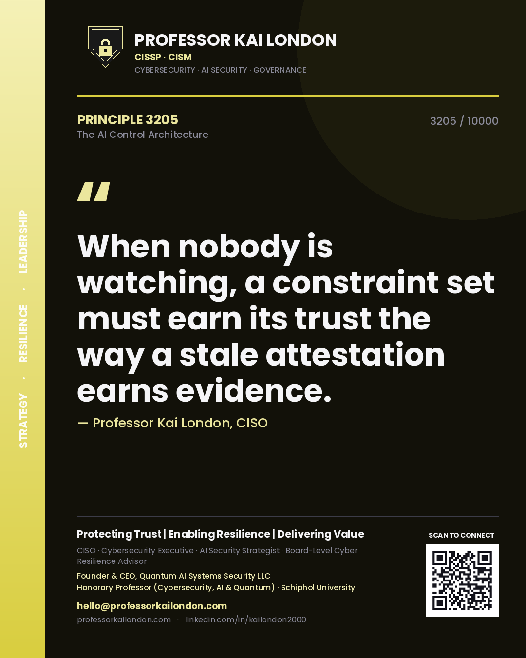 Professor Kai London principle 3205: When nobody is watching, a constraint set must earn its trust the way a stale attestation earns evidence.