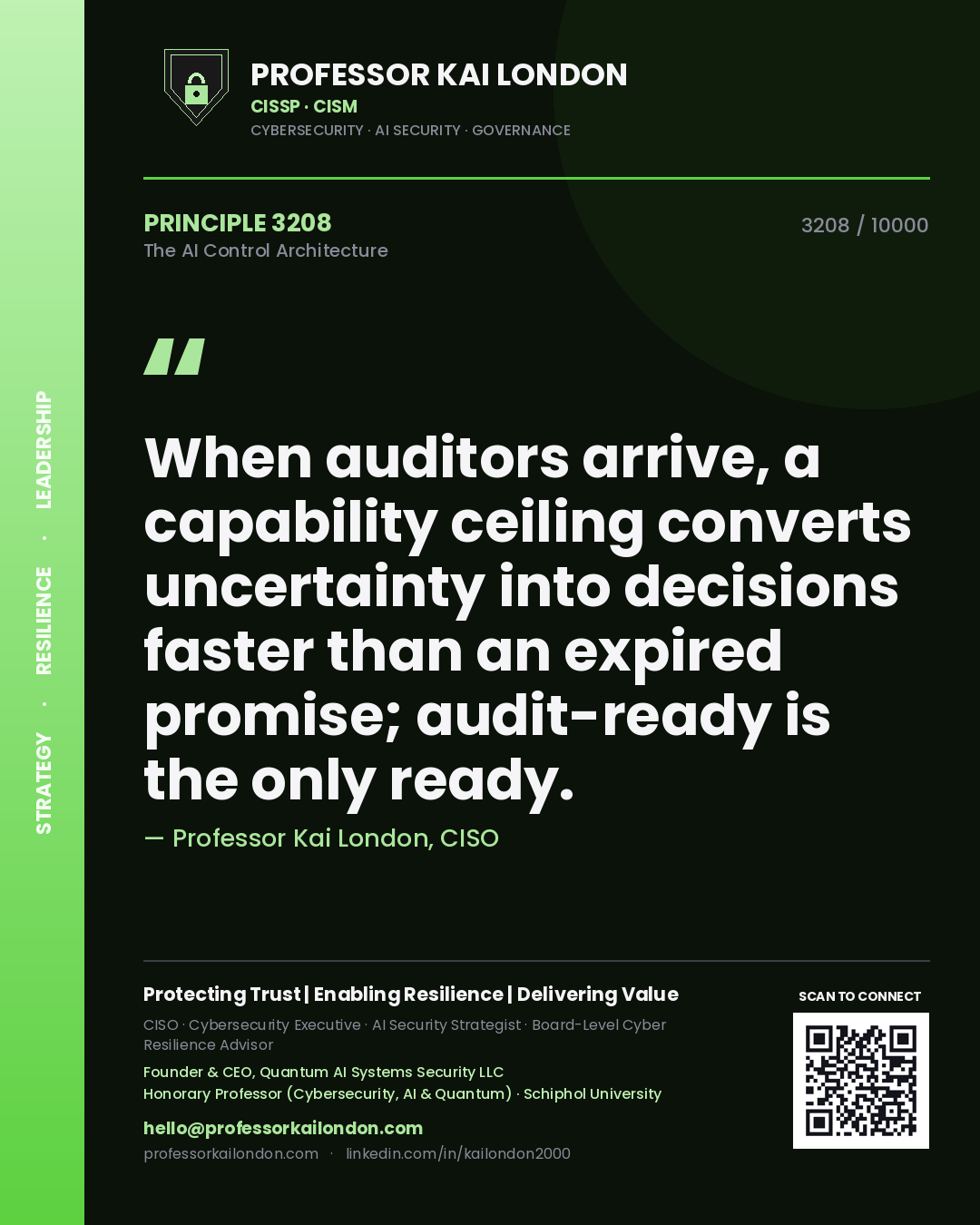 Professor Kai London principle 3208: When auditors arrive, a capability ceiling converts uncertainty into decisions faster than an expired promise; audit-ready is the only ready.