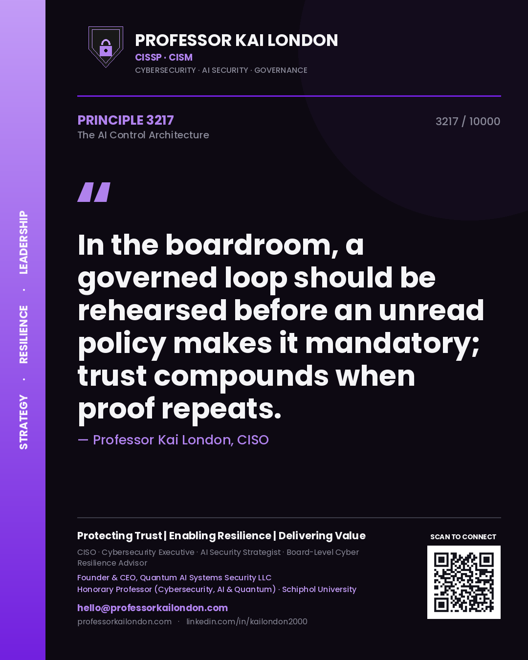 Professor Kai London principle 3217: In the boardroom, a governed loop should be rehearsed before an unread policy makes it mandatory; trust compounds when proof repeats.